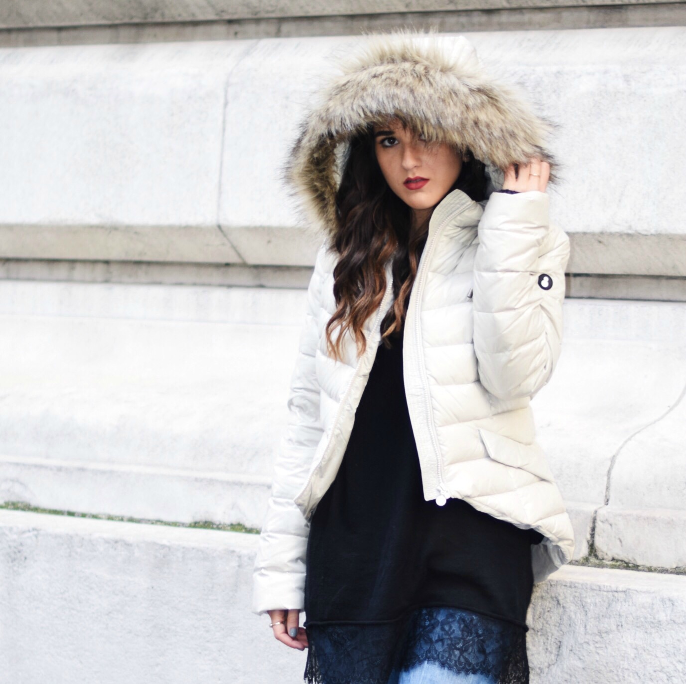 White Hi-Low Puffer Coat Snowman New York Louboutins & Love Fashion Blog Esther Santer NYC Street Style Blogger Puffer Premium Down Jacket Outerwear Company Collab Faux-Fur Hood White Winter Beautiful Rings Warm Photoshoot Model Discount Code Shopping.JPG