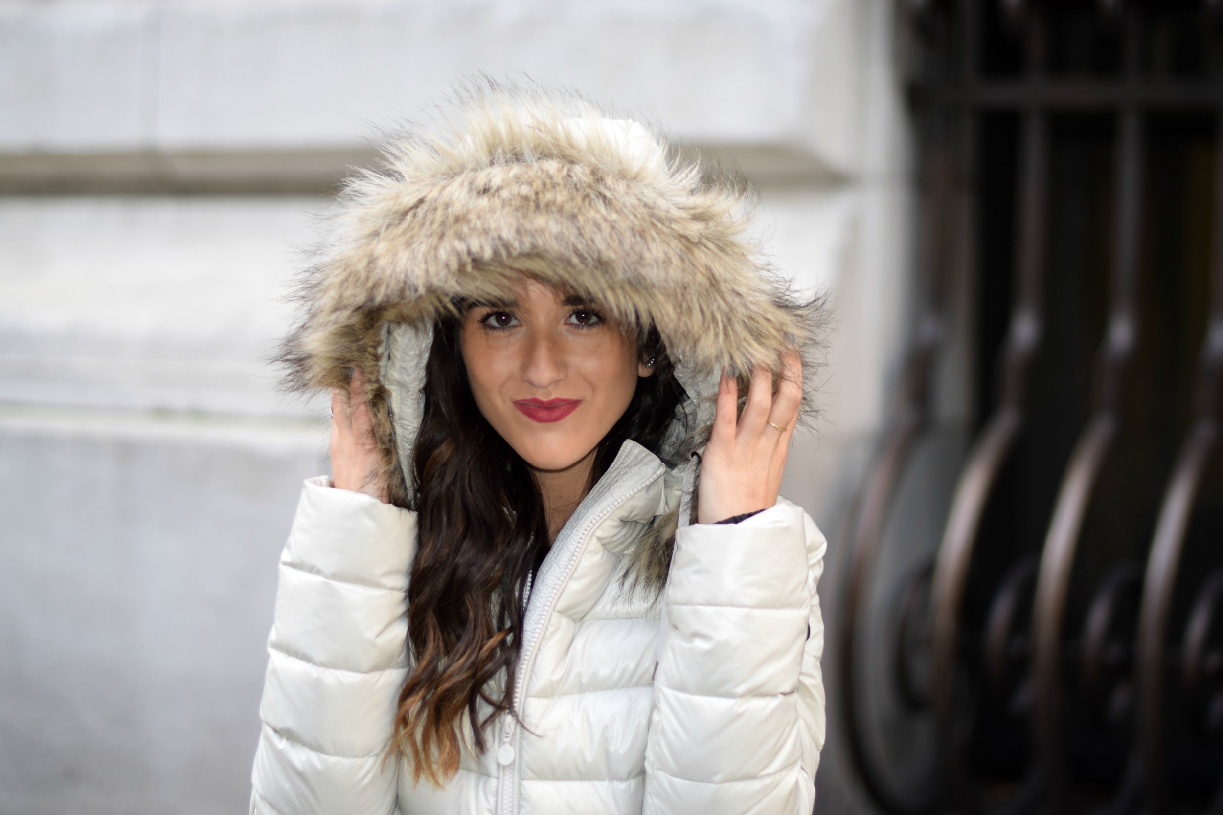 White Hi-Low Puffer Coat Snowman New York Louboutins & Love Fashion Blog Esther Santer NYC Street Style Blogger Puffer Premium Down Jacket Outerwear Company Collab Faux-Fur Hood Winter Beautiful Warm White Rings Photoshoot Model Discount Code Shopping.JPG