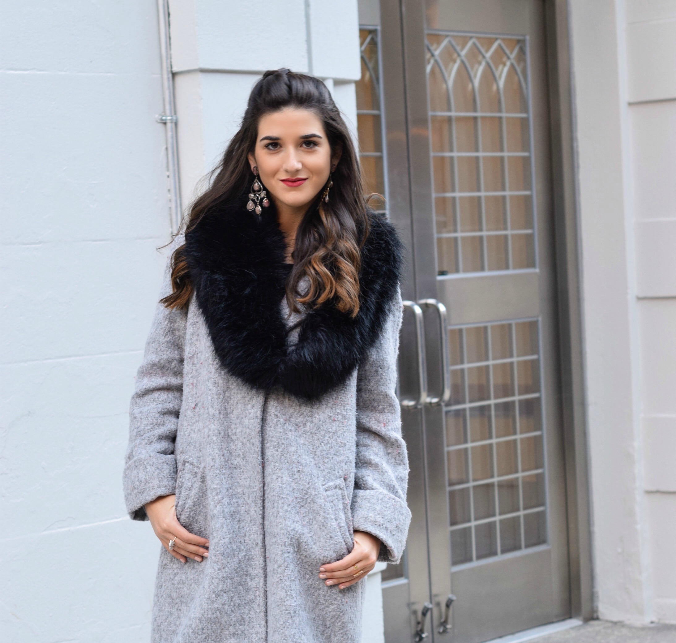 Dripping In Diamonds Elahn Jewels Louboutins & Love Fashion Blog Esther Santer NYC Street Style Blogger Black Fur Stole Earrings Jewelry Grey Peacoat Coat Winter Wear Shopping Beauty Chic Rings Red Sandals Heels Inspo Hair Inspiration OOTD Outfit Zara.jpg