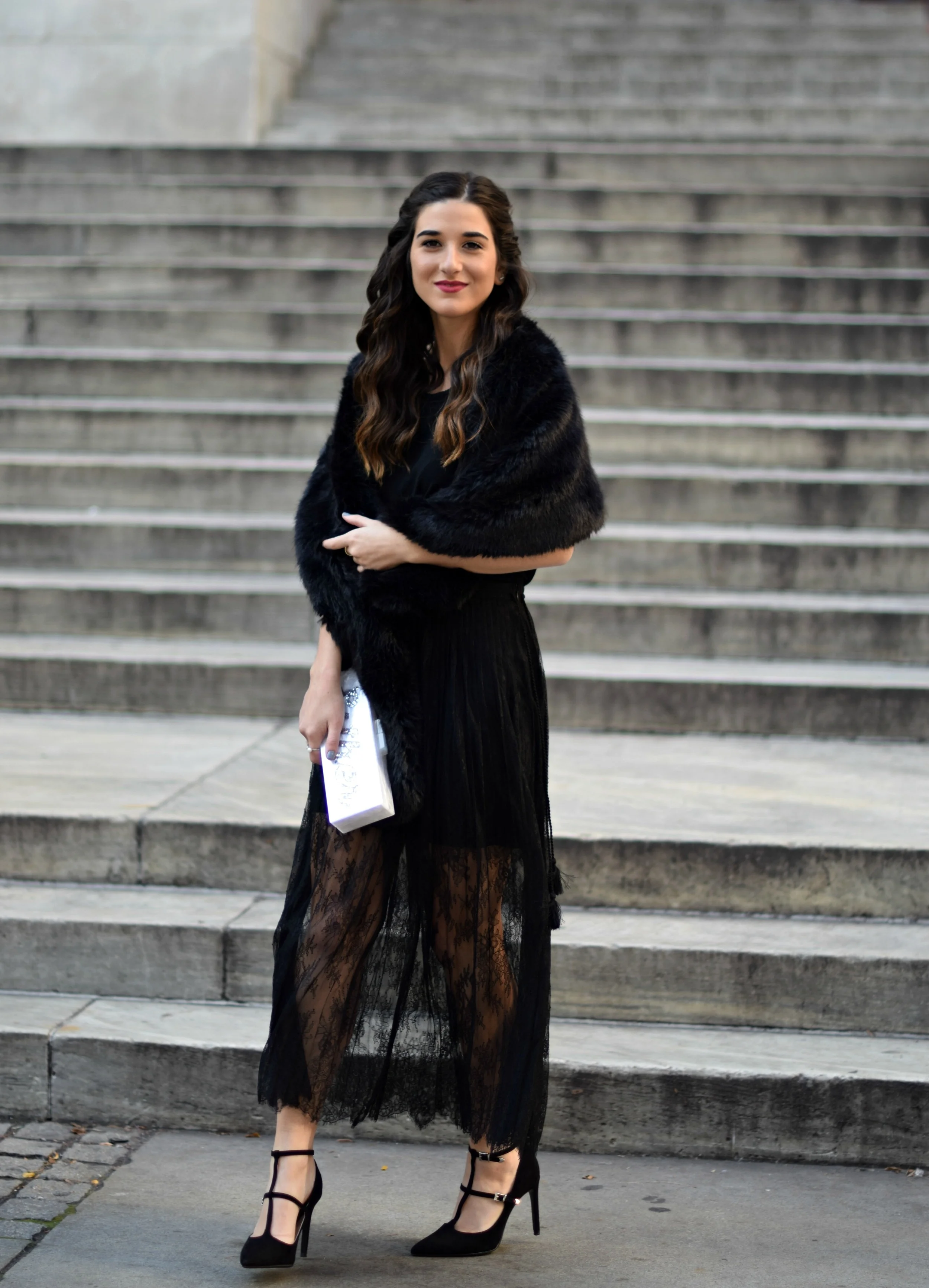 All Black Lace Skirt Fur Stole Esther Santer