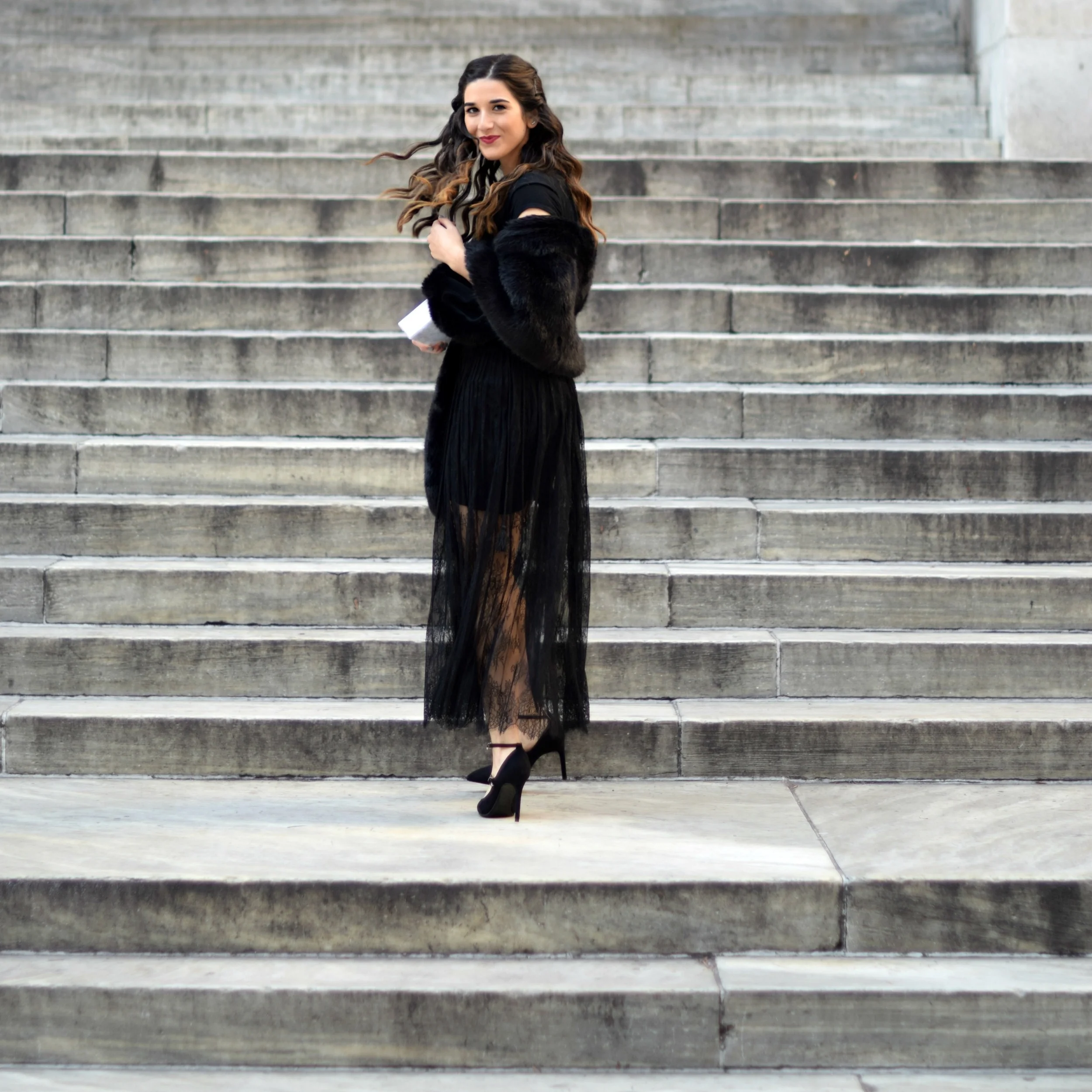 All Black Lace Skirt Fur Stole Esther Santer