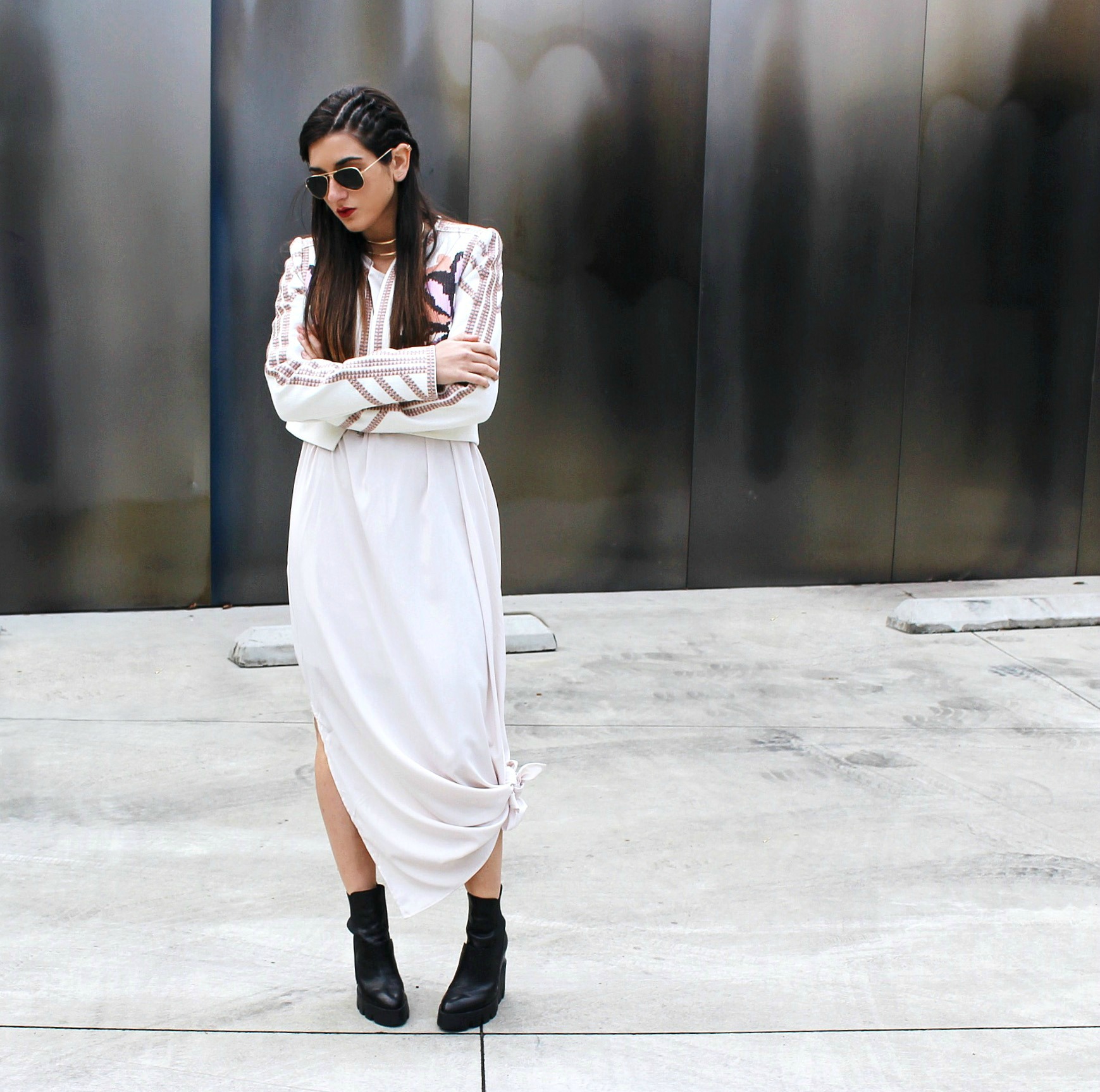 Knotted Maxi Dress Zehava Harel Louboutins & Love Fashion Blog Esther Santer NYC Street Style Blogger Blush Pink Modest Outfit OOTD BCBG Jacket Ash Booties Gold Collar Necklace RayBan Aviator Sunglasses Cornrows Designer Inspo Accessories Model Women.jpg