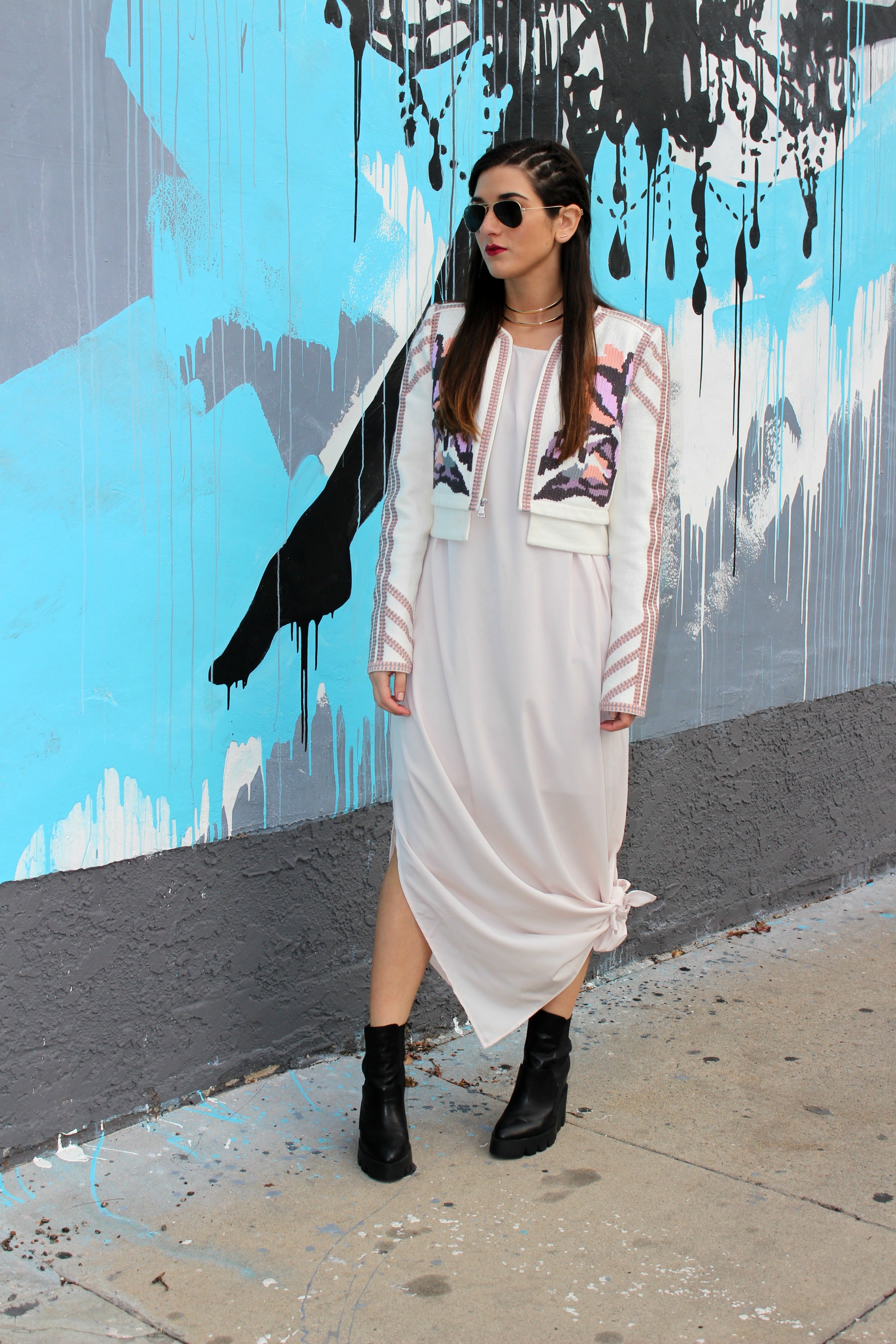 Knotted Maxi Dress Zehava Harel Louboutins & Love Fashion Blog Esther Santer NYC Street Style Blogger Blush Pink Modest Outfit OOTD BCBG Jacket Ash Booties Gold Collar Necklace RayBan Aviator Sunglasses Hair Inspo  Model Accessories Wear Model Women.jpg