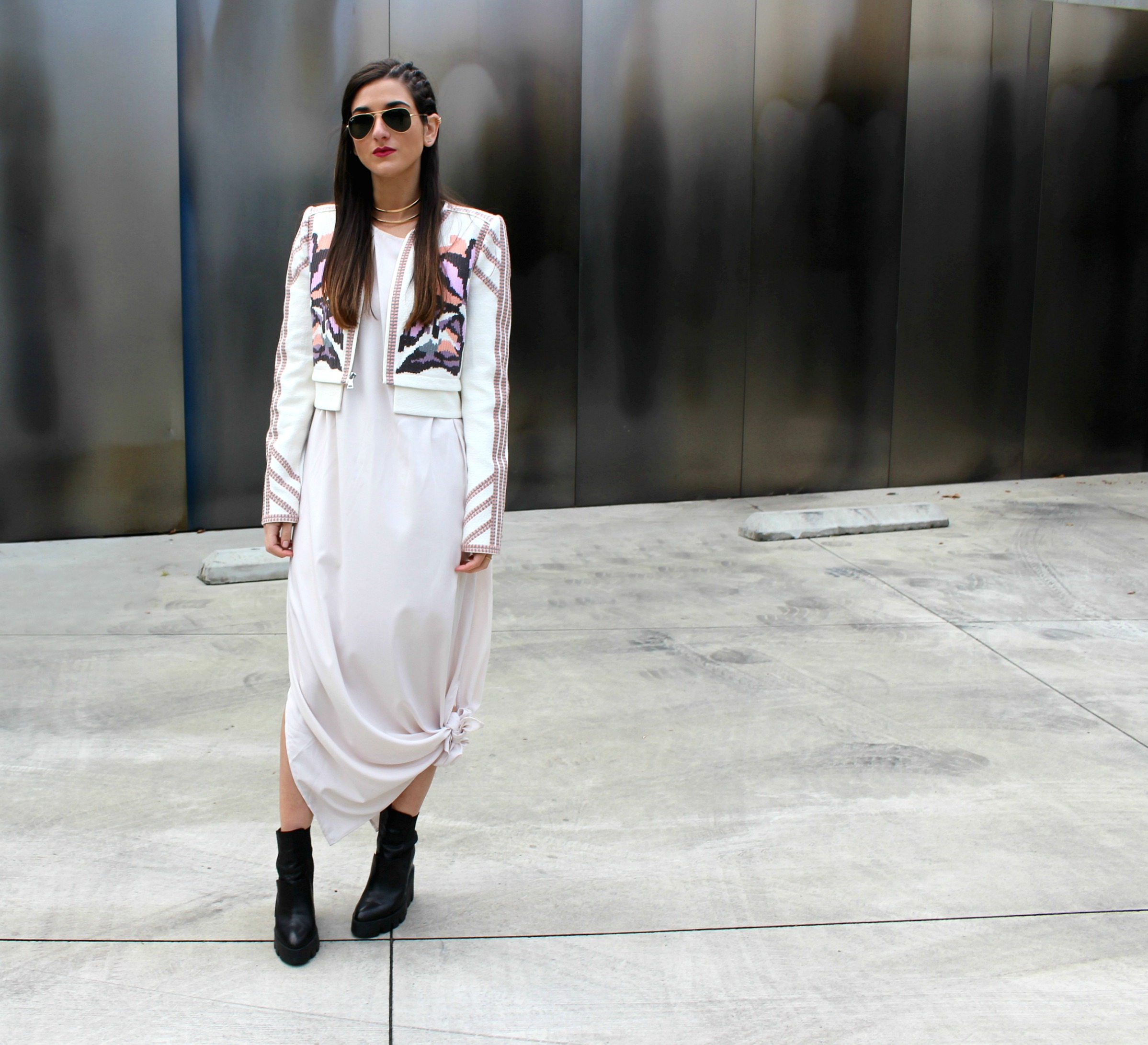 Knotted Maxi Dress Zehava Harel Louboutins & Love Fashion Blog Esther Santer NYC Street Style Blogger Blush Pink Modest Outfit OOTD BCBG Jacket Ash Booties Gold Collar Necklace RayBan Aviator Sunglasses Hair Model Wear Inspo Accessories Model Women.jpg