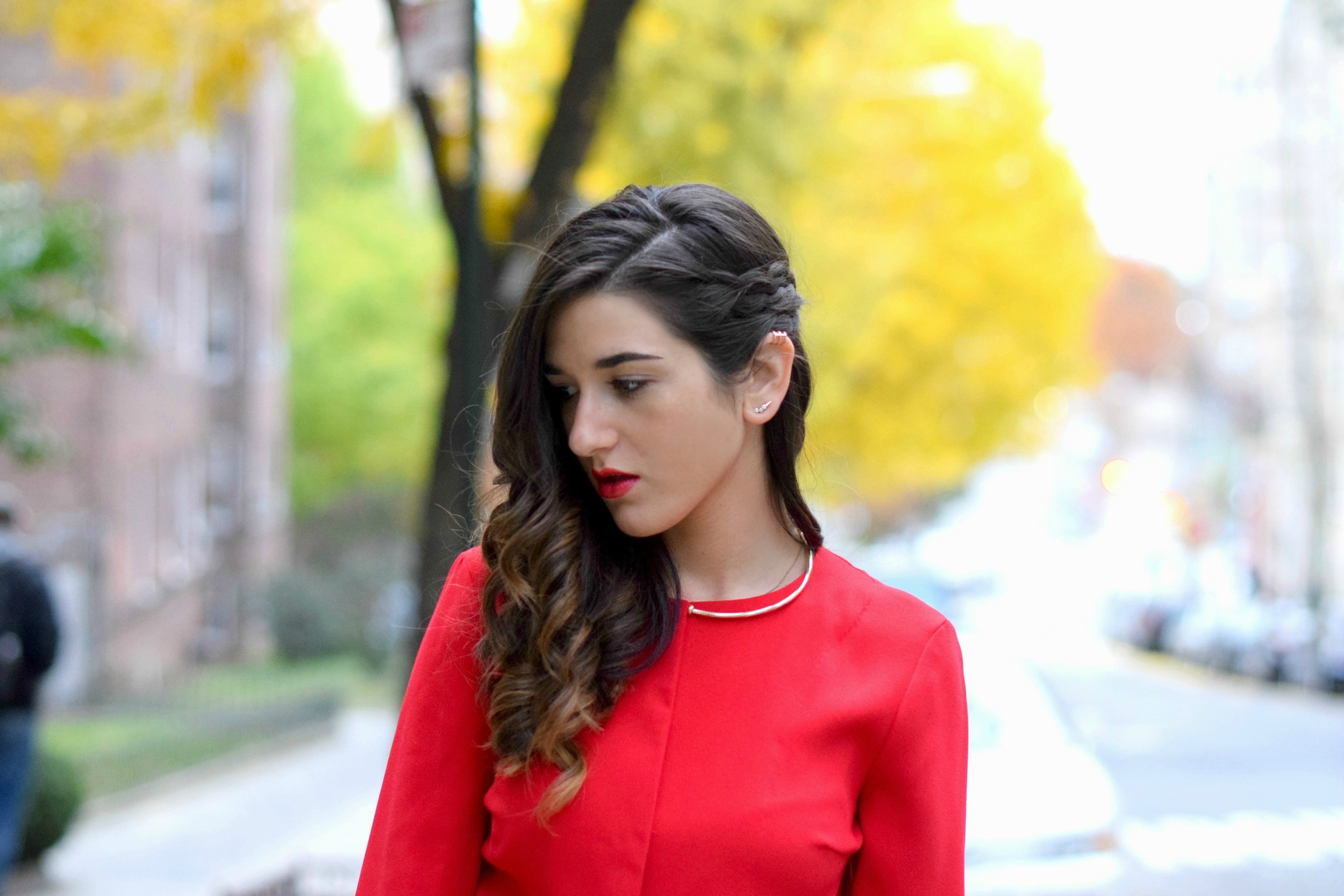 Red Romper Black Tights Louboutins & Love Fashion Blog Esther Santer NYC Street Style Blogger Winter Fall Look Shoes Heels Zara Gold Collar Necklace Braid Hair Inspo Outfit OOTD Photoshoot NYC Girl Women Model Stiletto Shop Wear Accessories Clothing.jpg