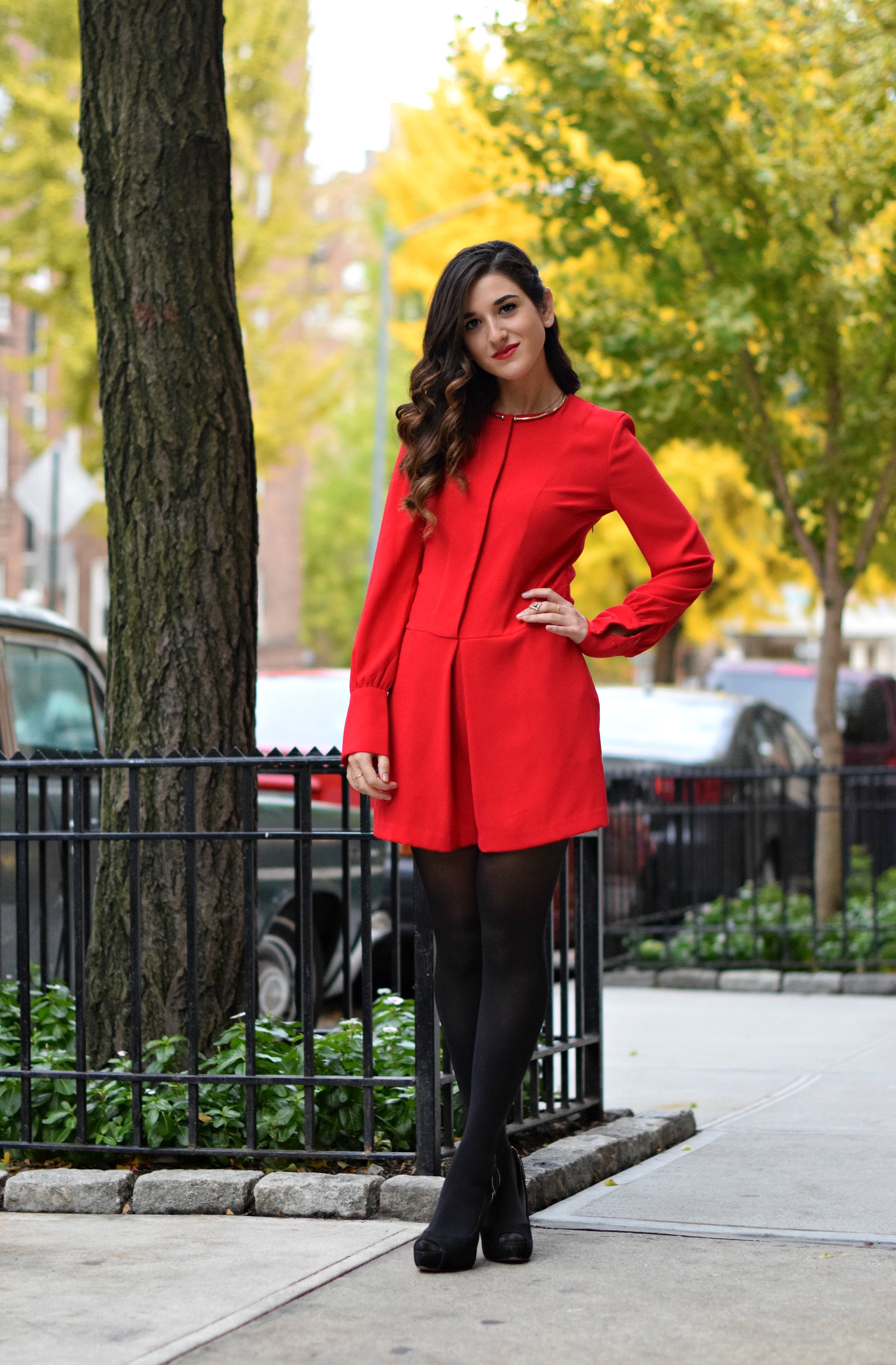 Red Romper Black Tights Louboutins & Love Fashion Blog Esther Santer NYC Street Style Blogger Winter Fall Look Shoes Heels Zara Gold Collar Necklace Braid Hair Inspo Outfit OOTD Photoshoot NYC Girl Women Model Stiletto Wear Shop Accessories Clothing.jpg