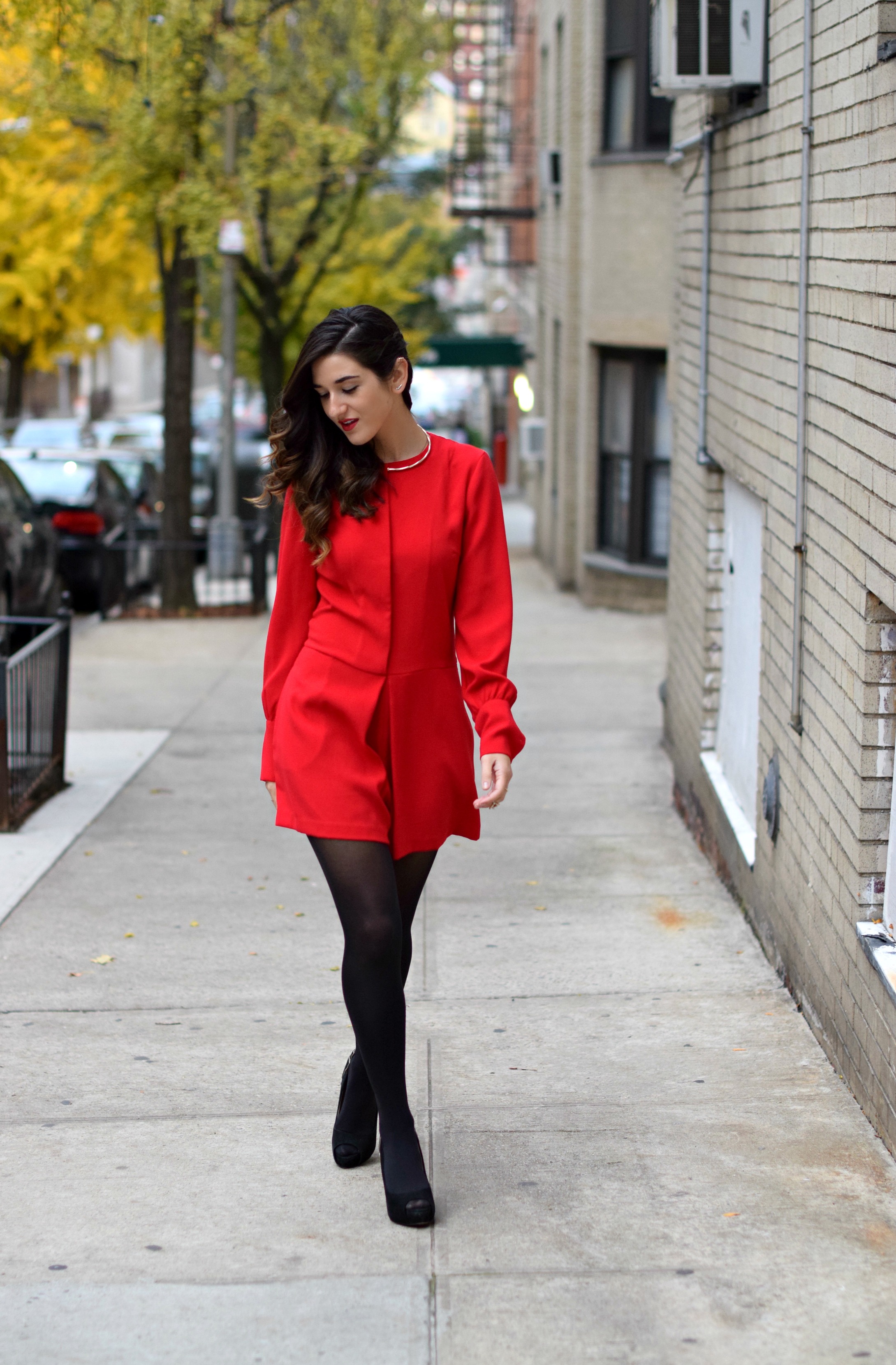 Red Romper Black Tights Louboutins & Love Fashion Blog Esther Santer NYC Street Style Blogger Winter Fall Look Shoes Heels Zara Gold Collar Necklace Braid Hair Inspo Outfit OOTD Photoshoot NYC Girl Women Stiletto Wear Shop  Clothing Model Accessories.jpg