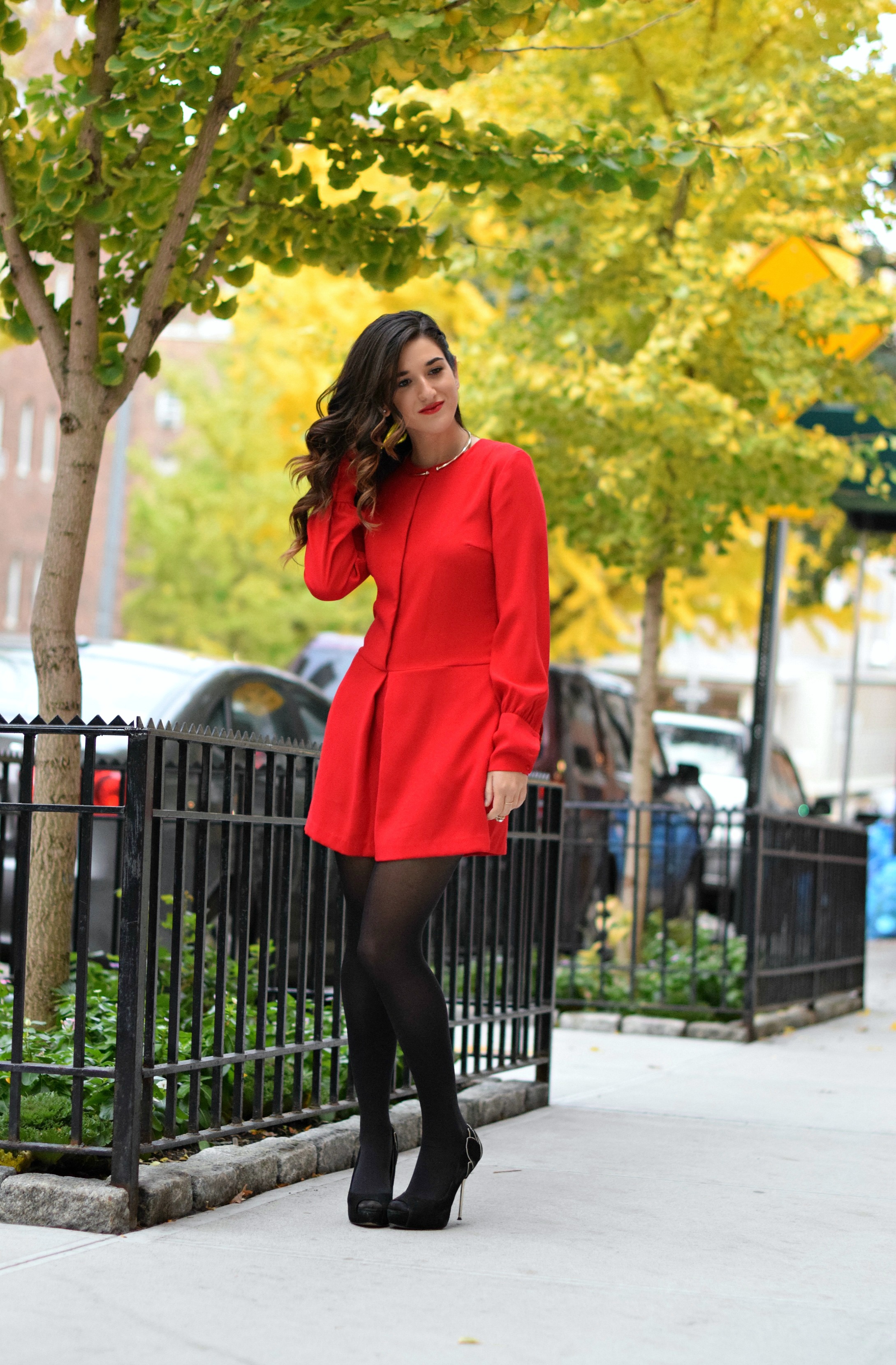 Red Romper Black Tights Louboutins & Love Fashion Blog Esther Santer NYC Street Style Blogger Winter Fall Look Shoes Heels Zara Gold Collar Necklace Braid Hair Inspo Outfit OOTD Photoshoot NYC Girl Women Stiletto Model Wear Shop Clothing Accessories.jpg