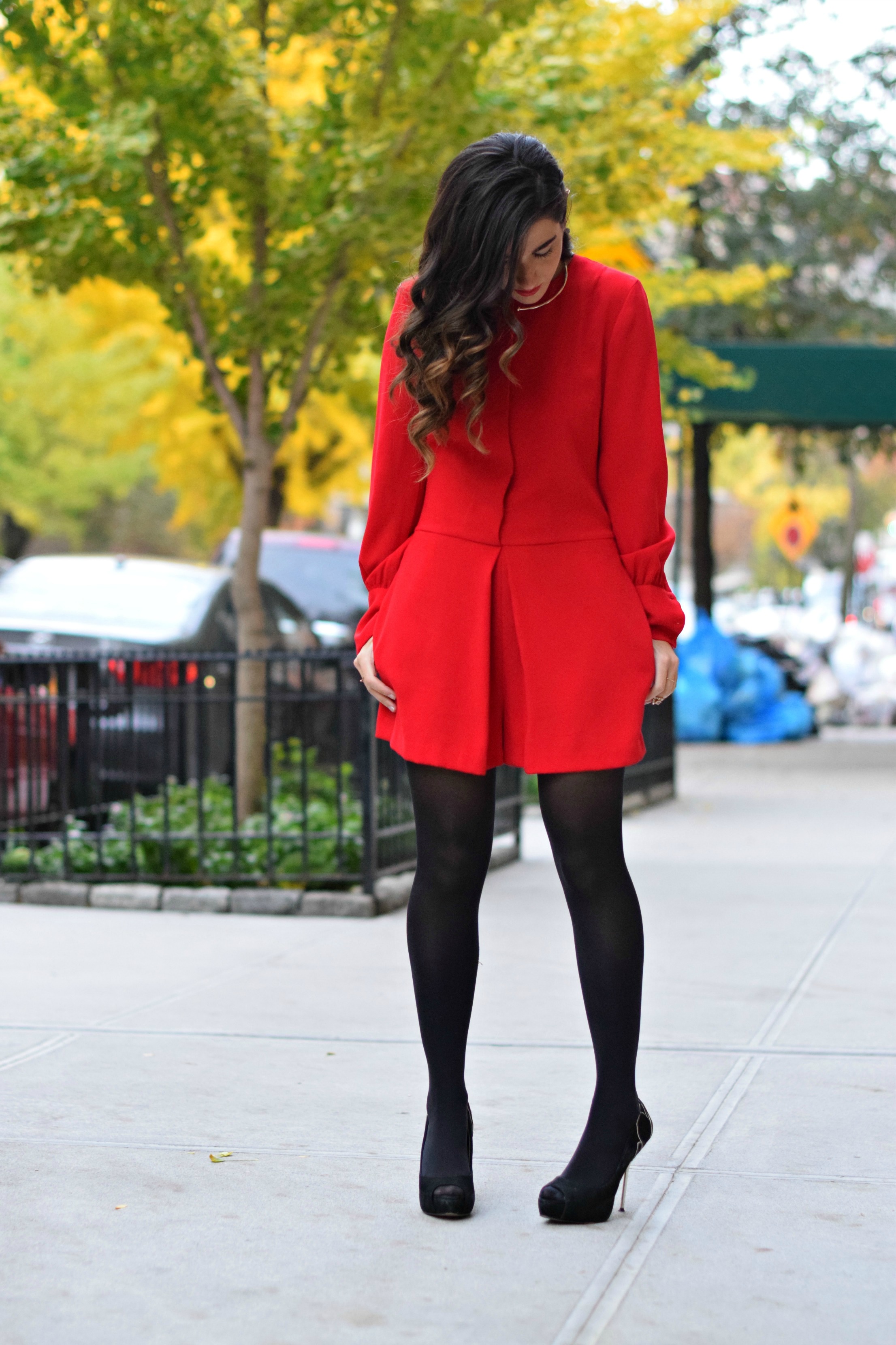 Red Romper Black Tights Louboutins & Love Fashion Blog Esther Santer NYC Street Style Blogger Winter Fall Look Shoes Heels Zara Gold Collar Necklace Braid Hair Inspo Outfit OOTD Photoshoot NYC Girl Women Stiletto Wear Shop Model Clothing Accessories.jpg