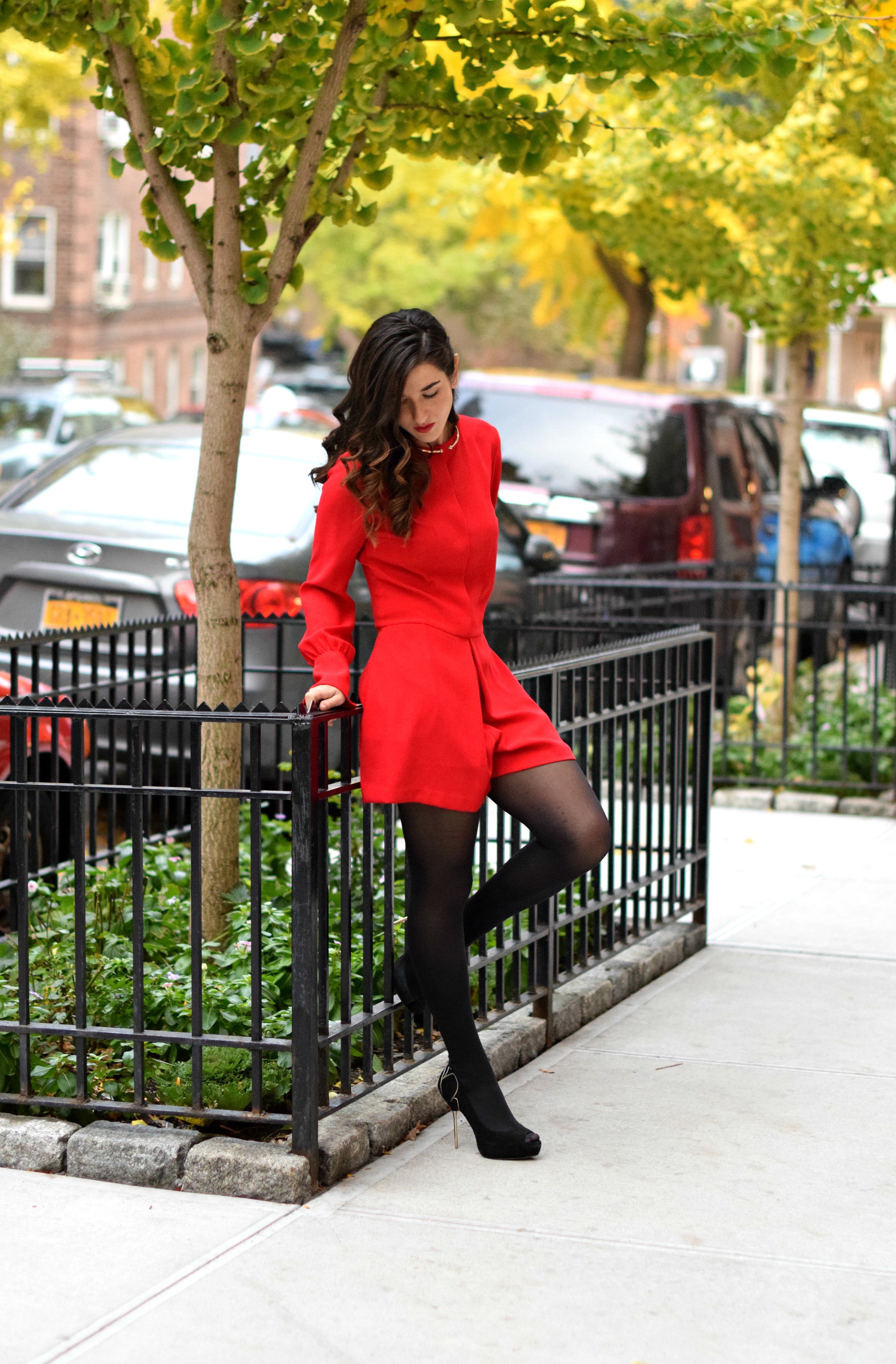 Red Romper Black Tights Louboutins & Love Fashion Blog Esther Santer NYC Street Style Blogger Winter Fall Look Shoes Zara Heels Gold Collar Necklace Braid Hair Inspo Outfit OOTD Photoshoot NYC Girl Women Stiletto Wear Shop  Clothing Model Accessories.jpg