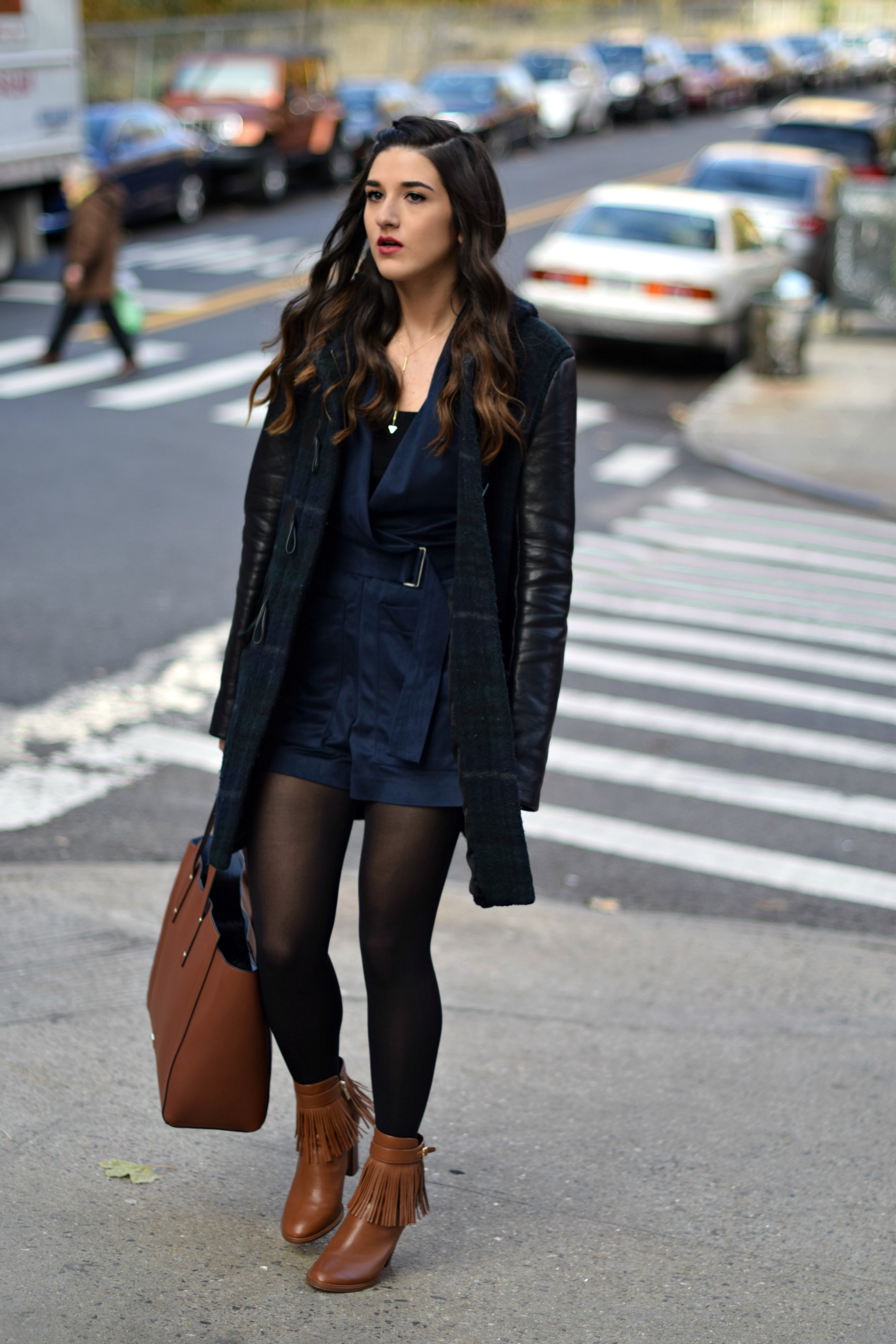 Navy Romper Fringe Booties Louboutins & Love Fashion Blog Esther Santer NYC Street Style Blogger Zara Plaid Coat Leather Sleeves Girl Women OOTD Outfit Accessories Soho Tote Ivanka Trump Black Tights Boots Shoes Winter Hair Braid Inspo Jewelry Rings.jpg