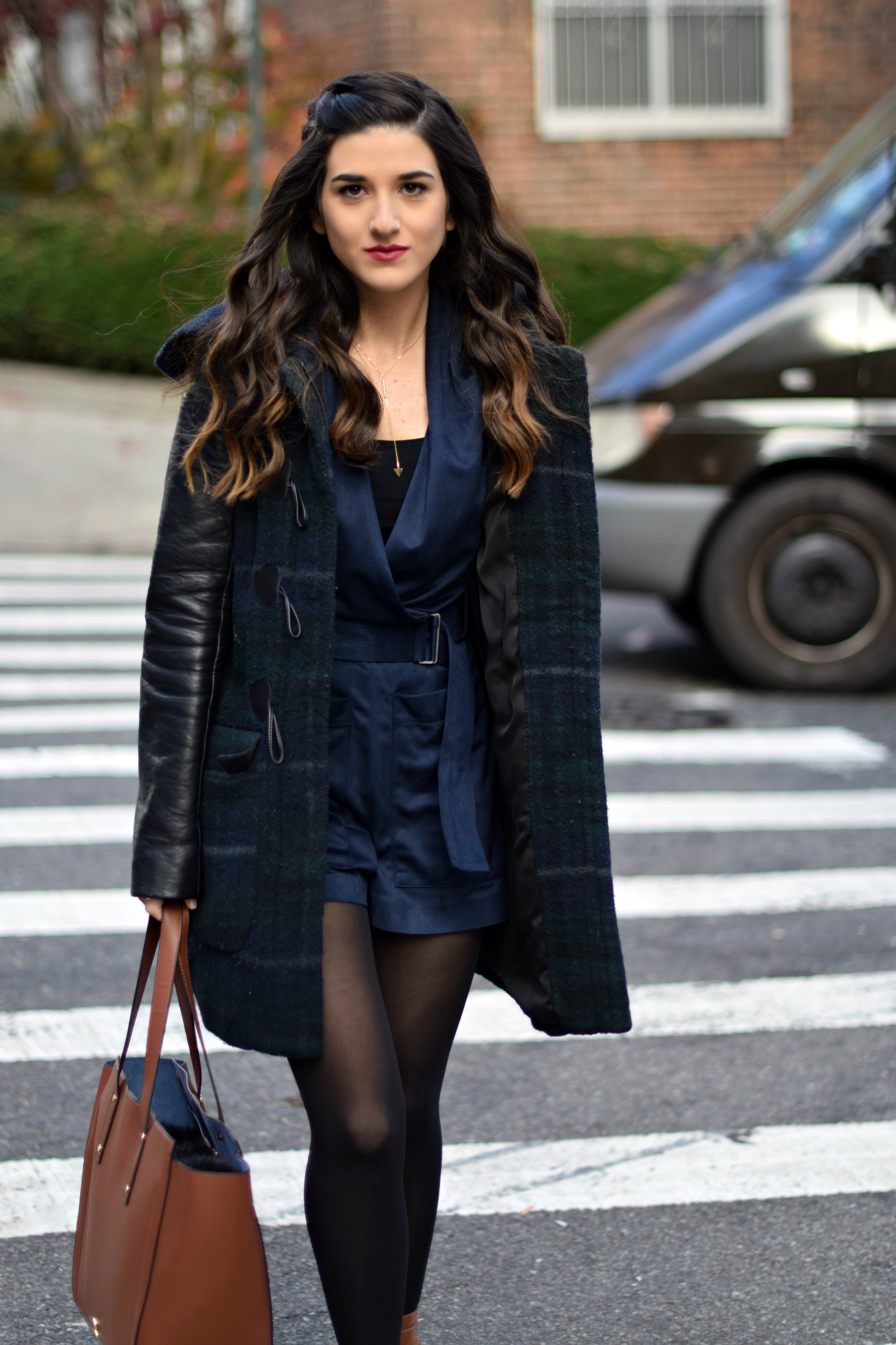 Navy Romper Fringe Booties Louboutins & Love Fashion Blog Esther Santer NYC Street Style Blogger Zara Plaid Coat Leather Sleeves Girl Women OOTD Outfit Accessories Soho Tote Ivanka Trump Black Tights Shoes Boots Winter Hair Braid Inspo Rings Jewelry.jpg