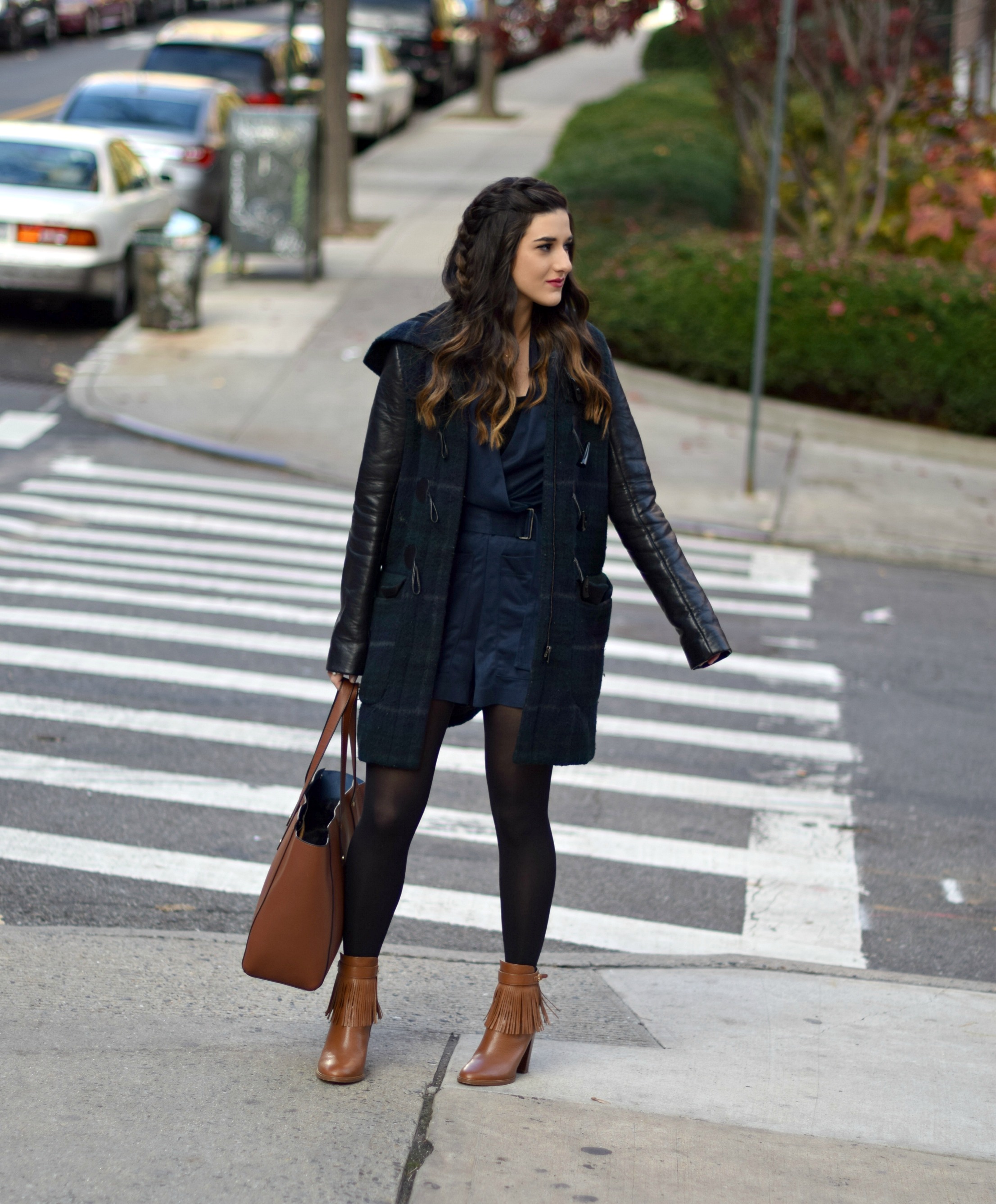 Navy Romper Fringe Booties Louboutins & Love Fashion Blog Esther Santer NYC Street Style Blogger Zara Plaid Coat Leather Sleeves Girl Women OOTD Outfit Soho Tote Ivanka Trump Accessories Shoes Boots Winter Black Tights Braid Hair Inspo Jewelry Rings.jpg