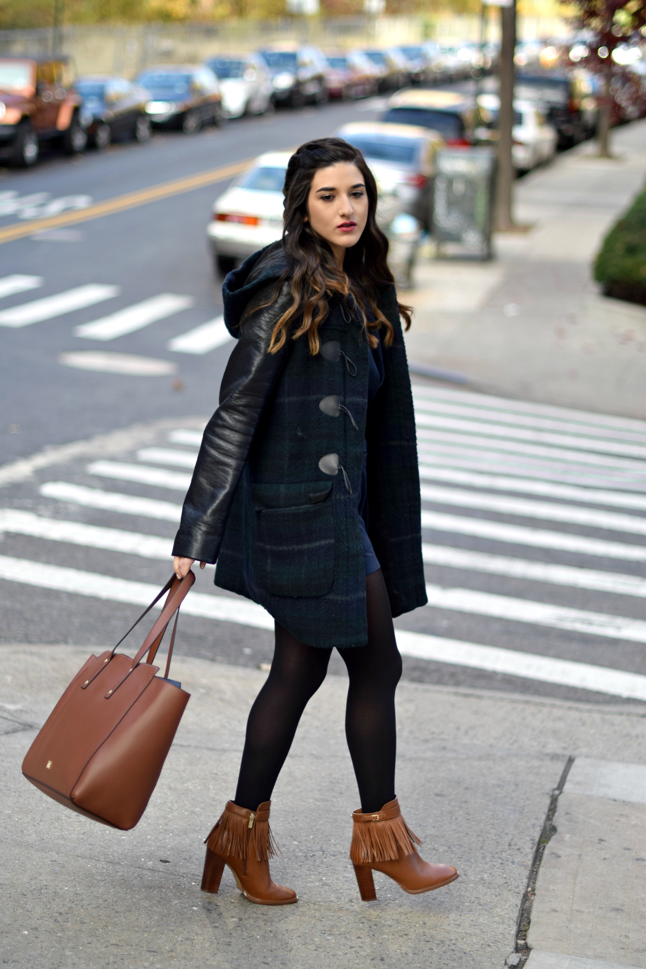 Navy Romper Fringe Booties Louboutins & Love Fashion Blog Esther Santer NYC Street Style Blogger Zara Plaid Coat Leather Sleeves Girl Women OOTD Outfit Soho Tote Ivanka Trump Accessories Shoes Boots Winter Black Tights Hair Braid Inspo Jewelry Rings.jpg