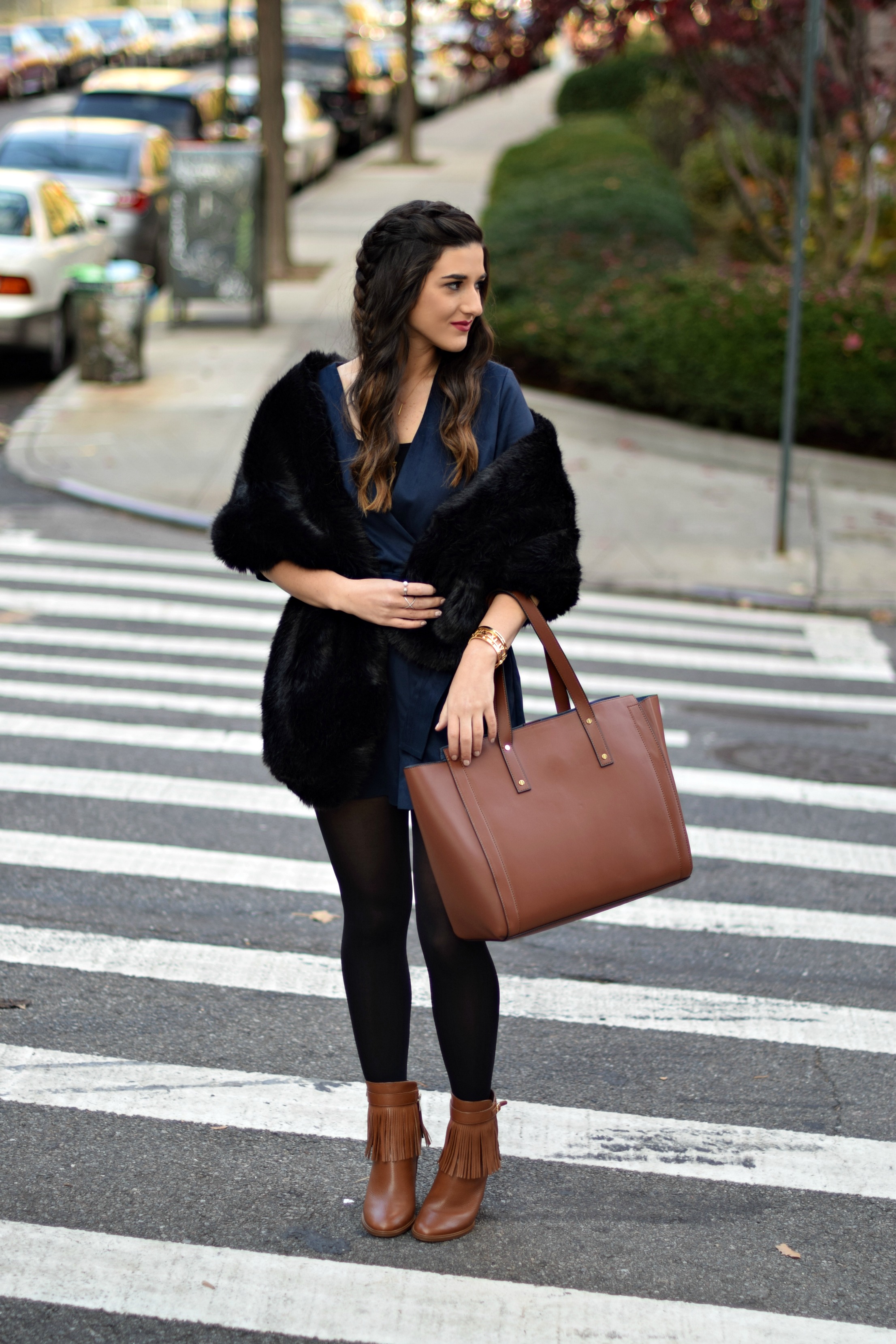 Navy Romper Fringe Booties Louboutins & Love Fashion Blog Esther Santer NYC Street Style Blogger Zara Plaid Coat Leather Sleeves Girl Women OOTD Outfit Soho Tote Ivanka Trump Accessories Shoes Boots Winter Black Tights Hair Braid Inspo Rings Jewelry.jpg