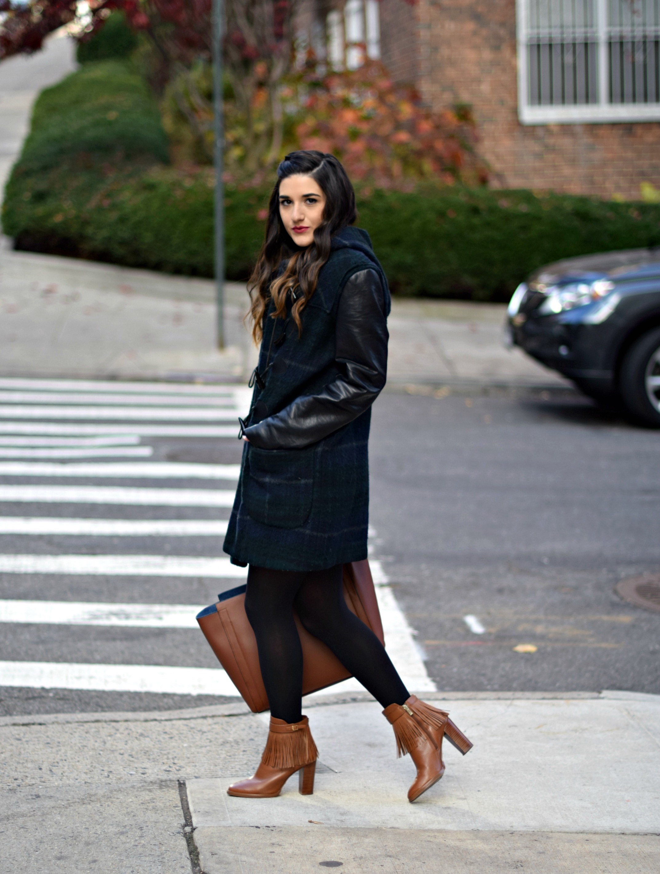 Navy Romper Fringe Booties Louboutins & Love Fashion Blog Esther Santer NYC Street Style Blogger Zara Plaid Coat Leather Sleeves Girl Women OOTD Outfit Soho Tote Ivanka Trump Accessories Black Tights Shoes Boots Winter Inspo Hair Braid Rings Jewelry.jpg