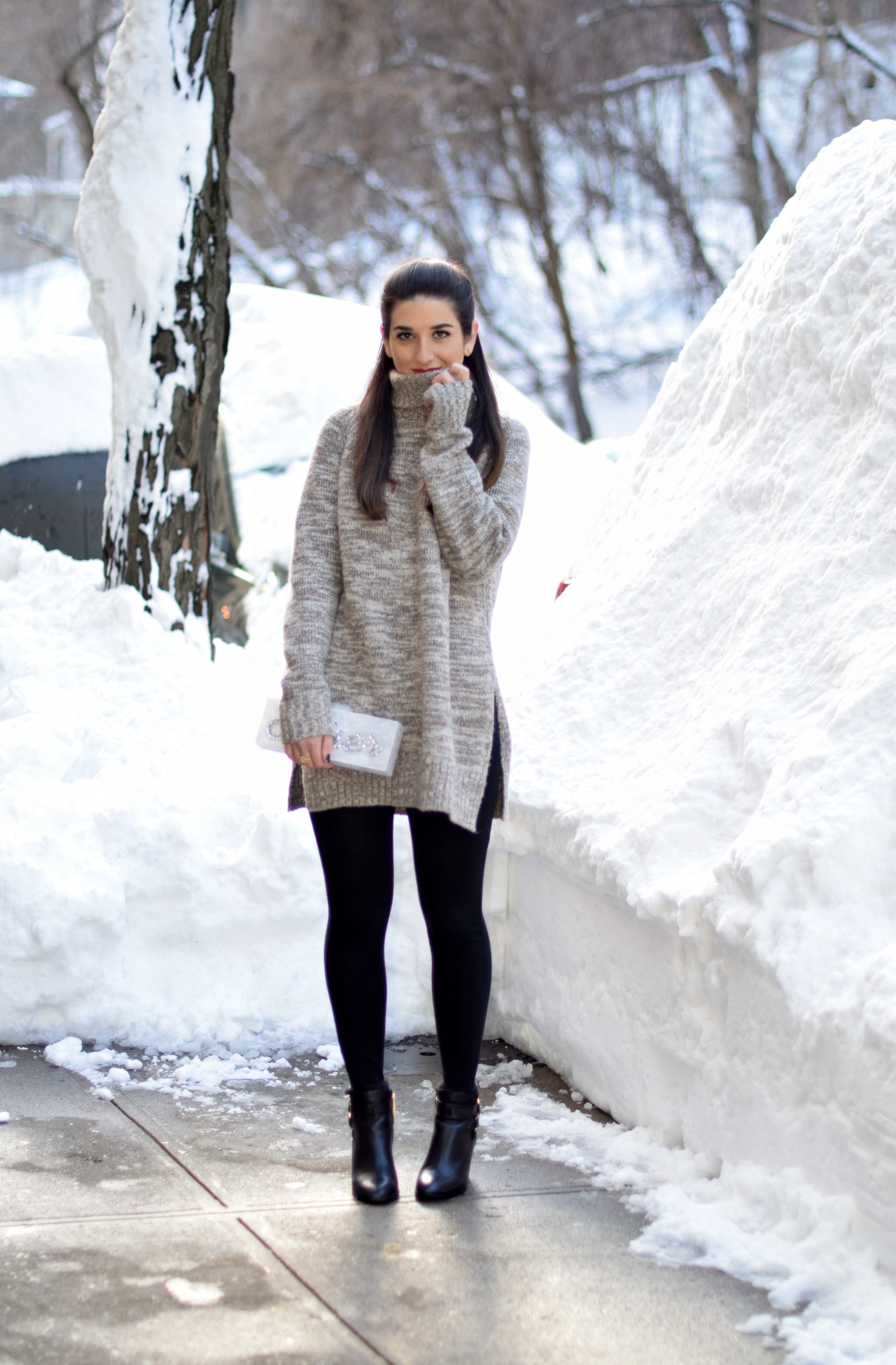 Grey Turtleneck Leggings Louboutins & Love Fashion Blog Esther Santer NYC Street Style Blogger Oversized Sweater Outfit Idea OOTD Black Booties Girl Swag Women Chic What To Wear Shop Monogram Clutch Inspo Hair Photoshoot NYC Blizzard Jonas Snow Winter.jpg