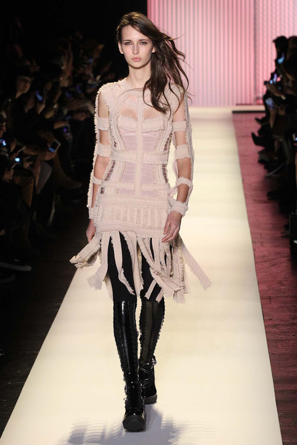 NYFW Hervé Léger Fashion Show Fall:Winter 2016 Louboutins & Love Fashion Blog Esther Santer NYC Street Style Models Collection Hair Makeup Bandage Dresses Pretty Trends Fringe Pink White Inspo Press Event Coverage Photos Details Jacket Hair Outfit .jpg