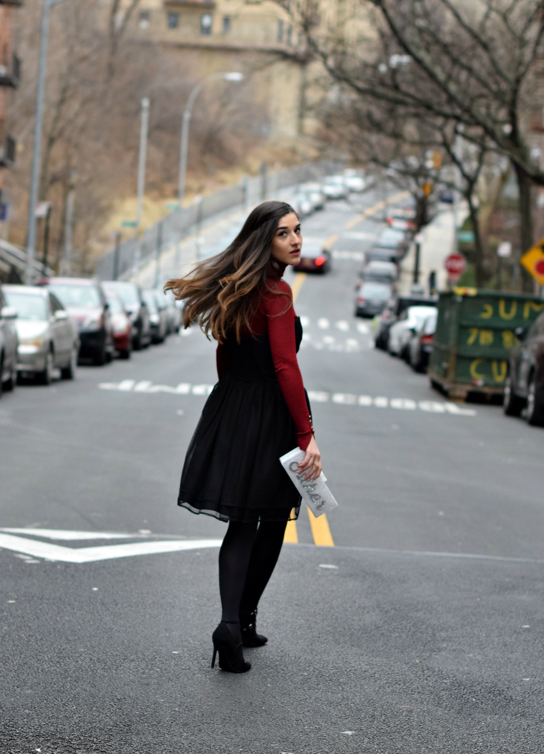 Red Turtleneck Under Strapless Dress Louboutins & Love Fashion Blog Esther Santer NYC Street Style Blogger Black Tights Name Monogrammed Clutch Hair Beautiful Inspo Model Photoshoot Shoes Heels Zara Outfit OOTD Shopping Girl Women New York City Winter.jpg