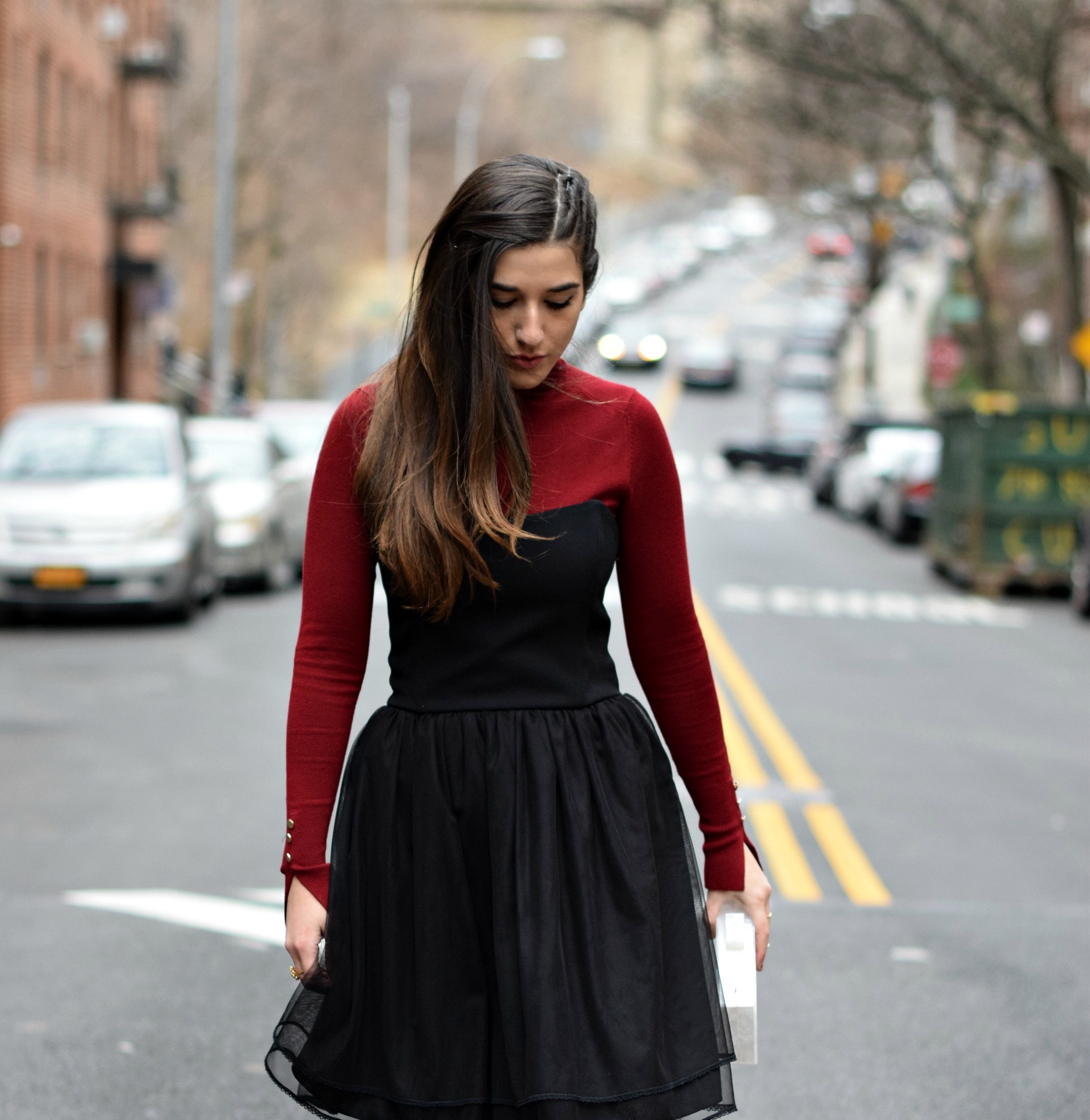 Red Turtleneck Under Strapless Dress Louboutins & Love Fashion Blog Esther Santer NYC Street Style Blogger Black Tights Name Monogrammed Clutch Hair Beautiful Inspo Model Photoshoot Shoes Heels Zara Outfit OOTD Girl Women Shopping Winter New York City.jpg