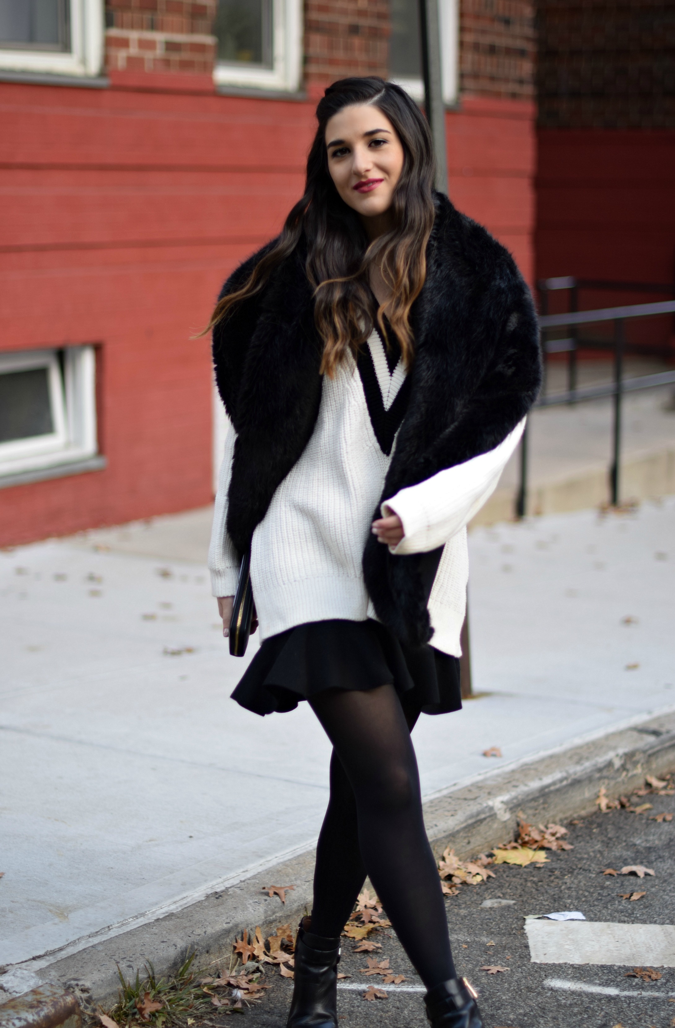 Chunky Varsity Knit Fur Stole Louboutins & Love Fashion Blog Esther Santer NYC Street Style Blogger Sweater Girl Women Photoshoot Model Shoes Black Booties Louise et Cie Nordstrom H&M Hair Swag Outfit OOTD Mini Skirt Neutral Winter Tights Wear Shop.jpg