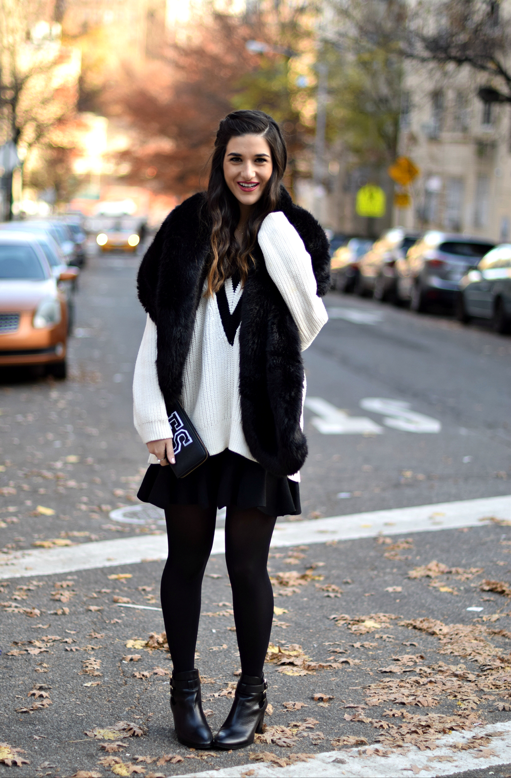 Chunky Varsity Knit Fur Stole Louboutins & Love Fashion Blog Esther Santer NYC Street Style Blogger Sweater Girl Women Photoshoot Model Shoes Black Booties Louise et Cie Nordstrom Hair Swag H&M Mini Skirt Neutrals OOTD Outfit Tights Shop Winter Wear.jpg