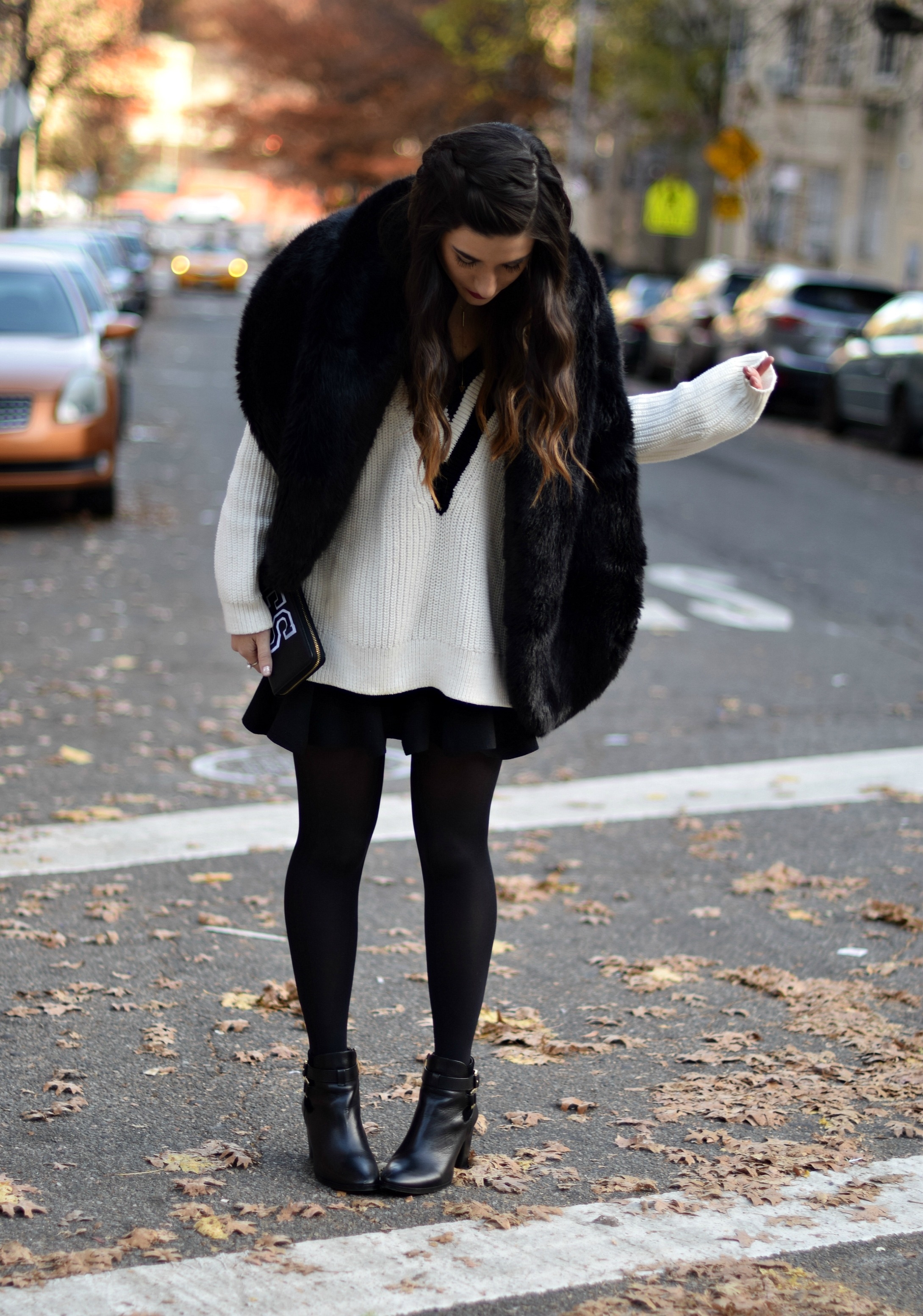 Chunky Varsity Knit Fur Stole Louboutins & Love Fashion Blog Esther Santer NYC Street Style Blogger Sweater Girl Women Photoshoot Model Shoes Black Booties Louise et Cie Nordstrom Hair Swag H&M Mini Skirt Neutrals OOTD Outfit Tights Winter Wear Shop.jpg