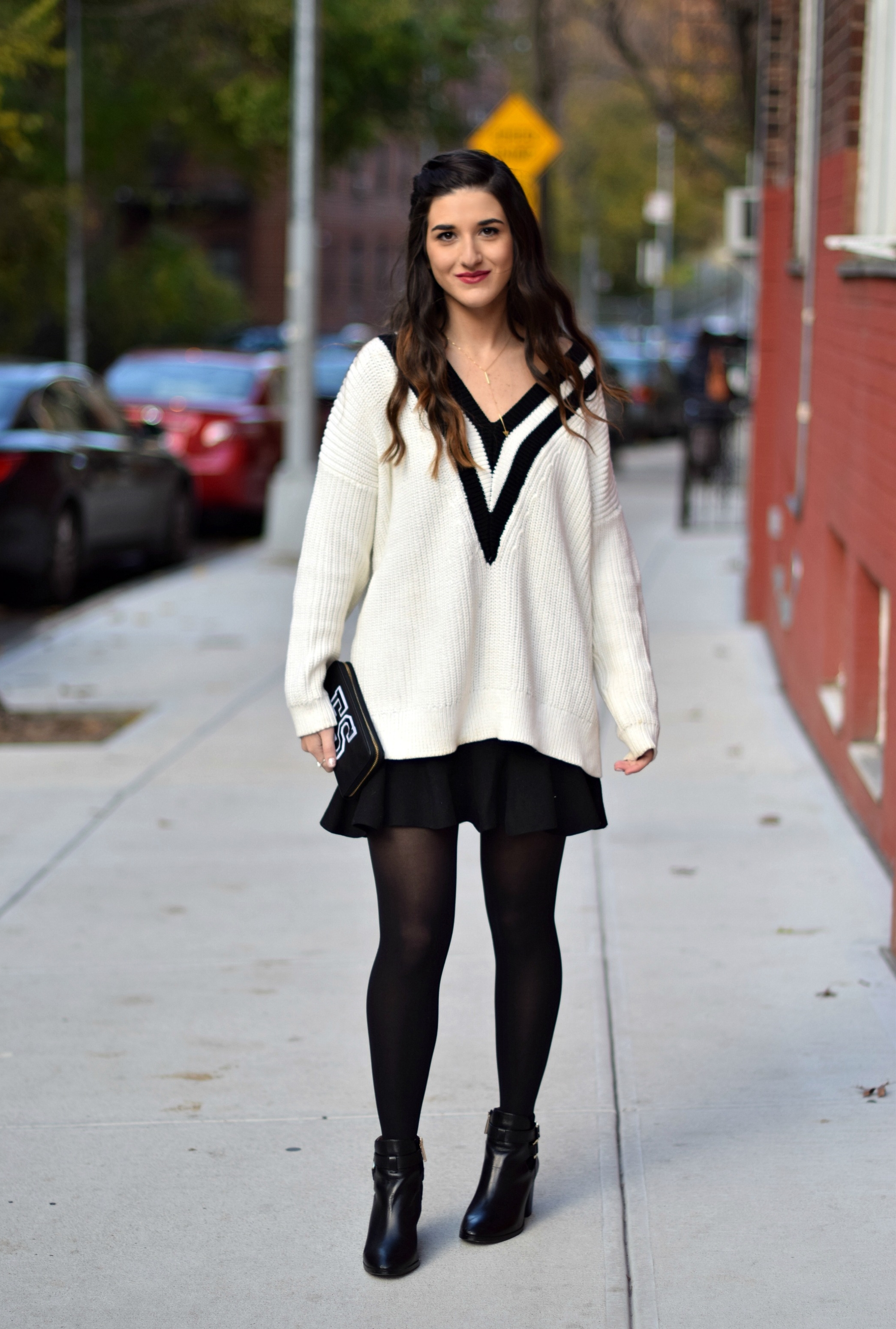 Chunky Varsity Knit Fur Stole Louboutins & Love Fashion Blog Esther Santer NYC Street Style Blogger Sweater Girl Women Photoshoot Model Shoes Black Booties Louise et Cie Nordstrom Hair Swag H&M Mini Skirt Outfit OOTD Neutral Tights Winter Wear Shop.jpg