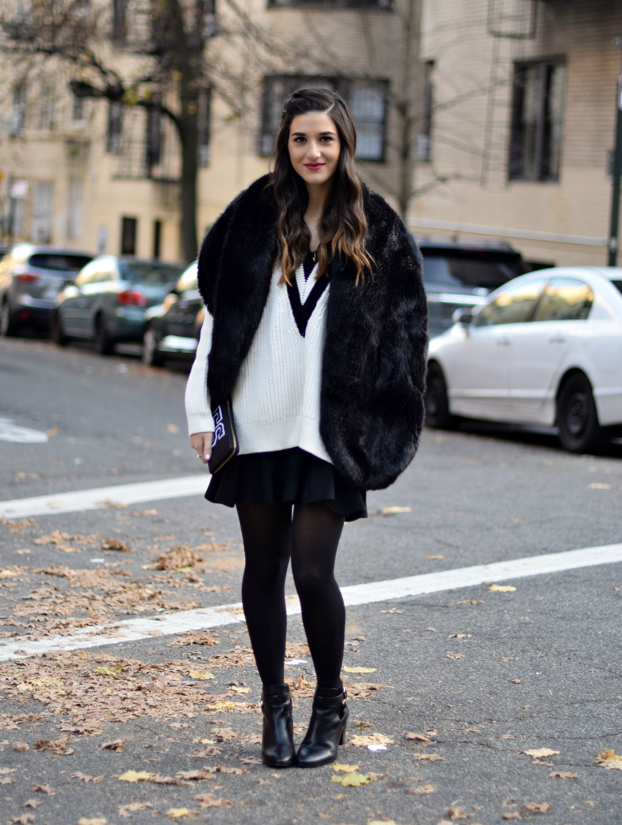Chunky Varsity Knit Fur Stole Louboutins & Love Fashion Blog Esther Santer NYC Street Style Blogger Sweater Girl Women Photoshoot Model Shoes Black Booties Louise et Cie Nordstrom Hair Swag H&M Mini Skirt Outfit OOTD Neutral Winter  Wear Tights Shop.jpg