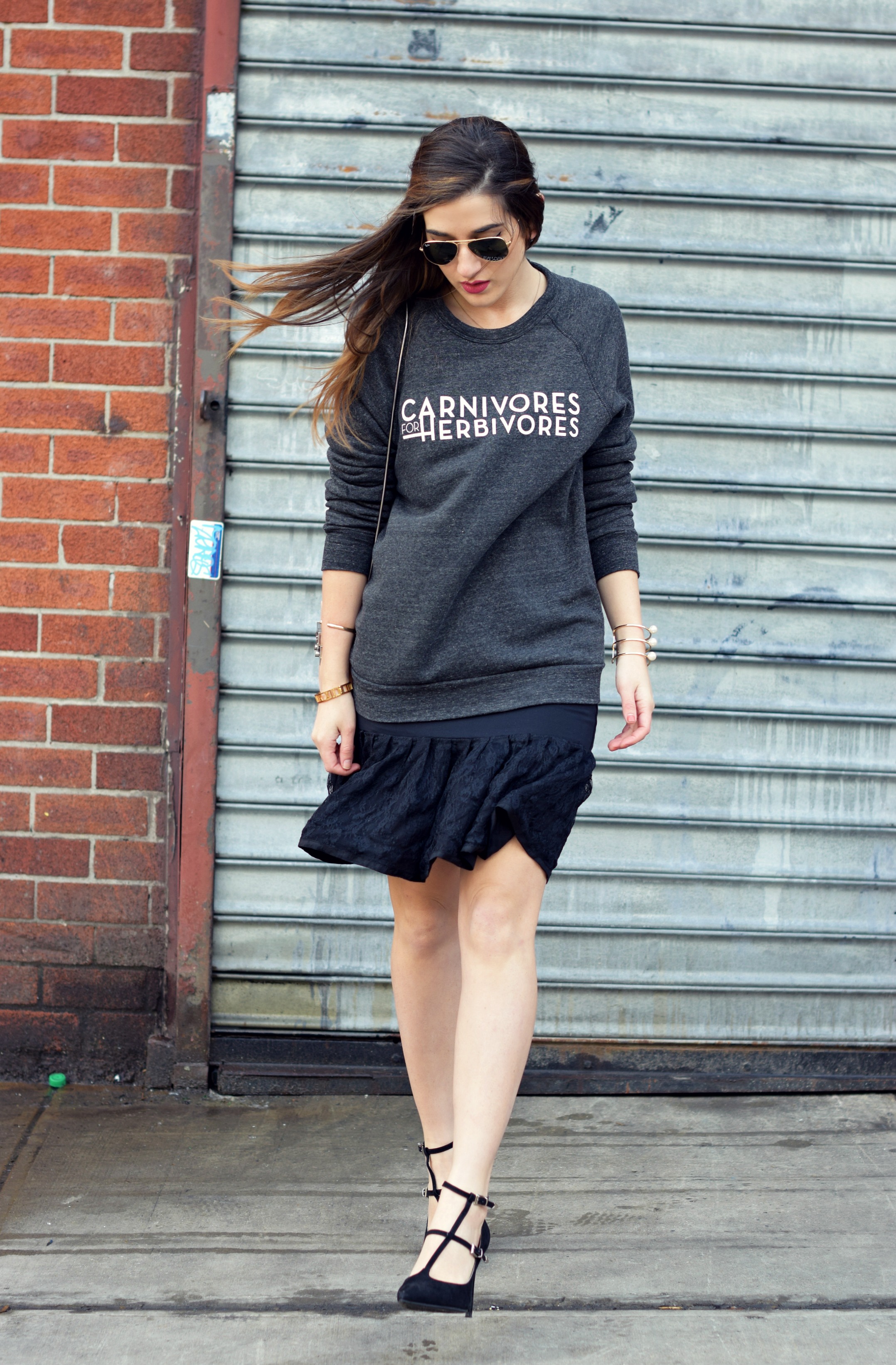 Carnivores For Herbivores Fauxgerty Louboutins & Love Fashion Blog Esther Santer NYC Street Style Blogger Animal Lover Cruelty Free Suede Vegan Leather RayBan Aviators Sunglasses Grey Sweatshirt Girl Women Lace Skirt OOTD Outfit Shop USA Hair Inspo.jpg