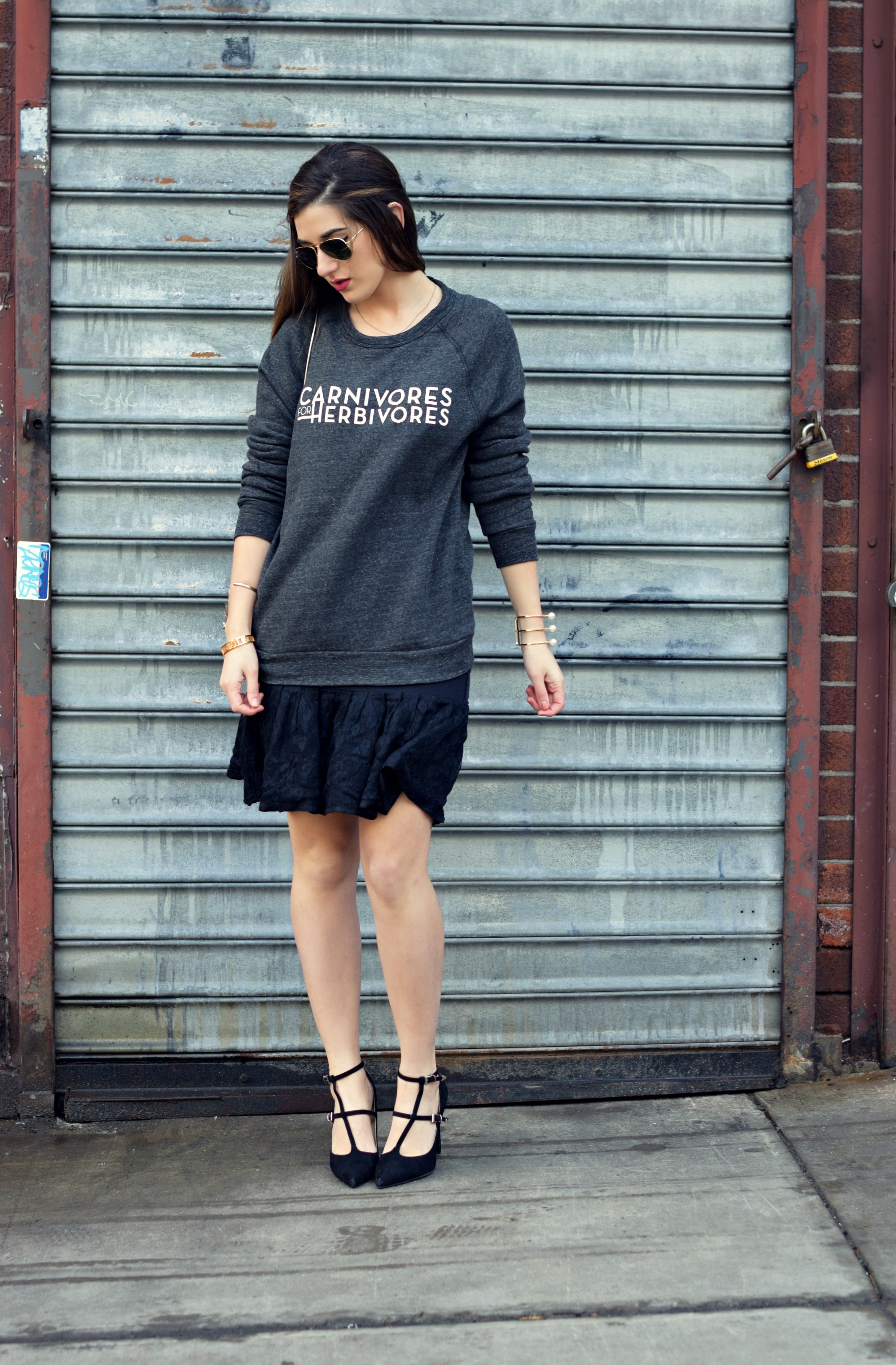 Carnivores For Herbivores Fauxgerty Louboutins & Love Fashion Blog Esther Santer NYC Street Style Blogger Animal Lover Cruelty Free Suede Vegan Leather RayBan Aviators Sunglasses Grey Sweatshirt Lace Skirt Girl Women OOTD Outfit USA Outerwear Shop.jpg