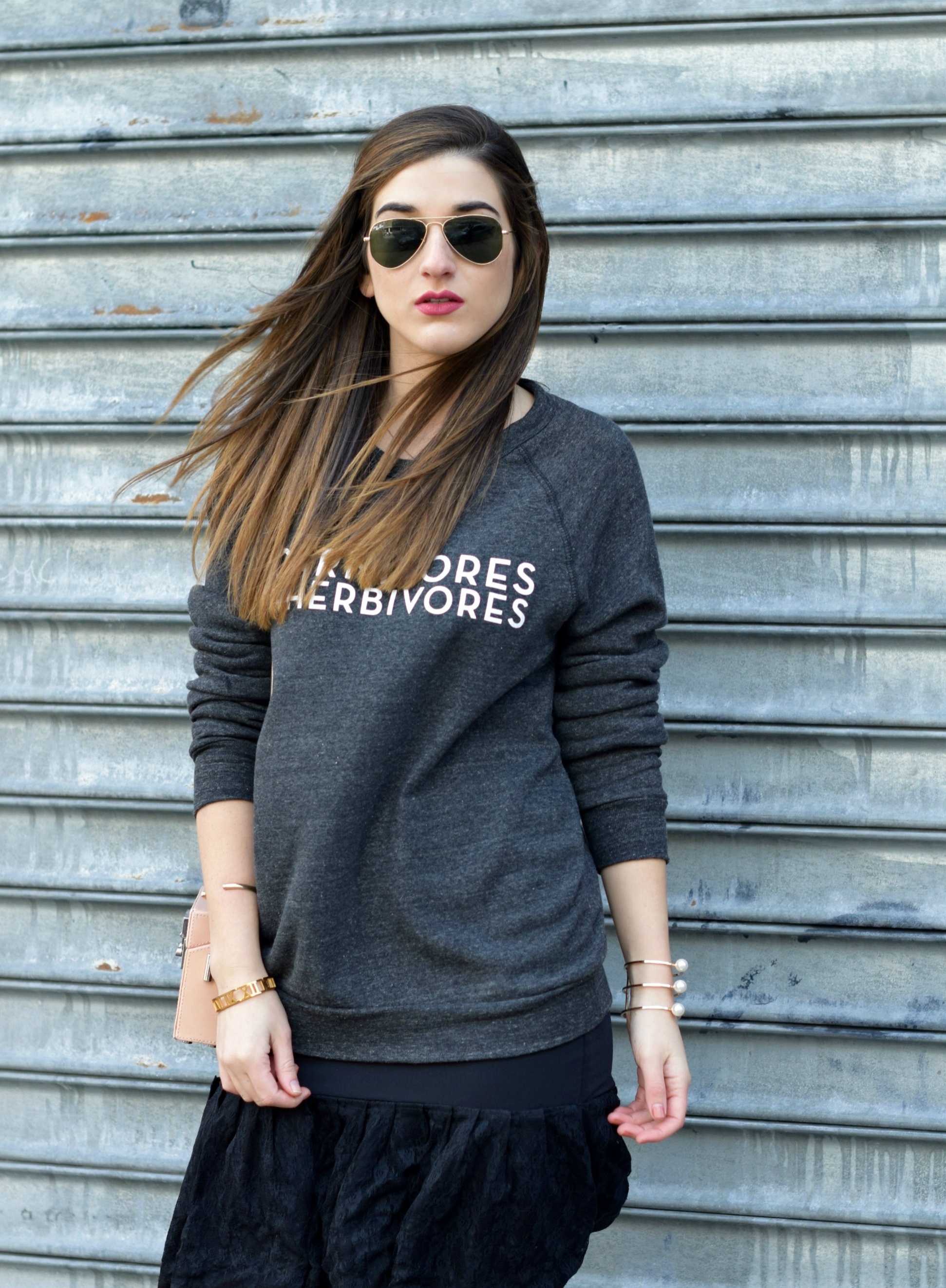 Carnivores For Herbivores Fauxgerty Louboutins & Love Fashion Blog Esther Santer NYC Street Style Blogger Animal Lover Cruelty Free Suede Vegan Leather RayBan Aviators Sunglasses Grey Sweatshirt Women Girl Lace Skirt OOTD Outfit USA Shop Hair Inspo.jpg