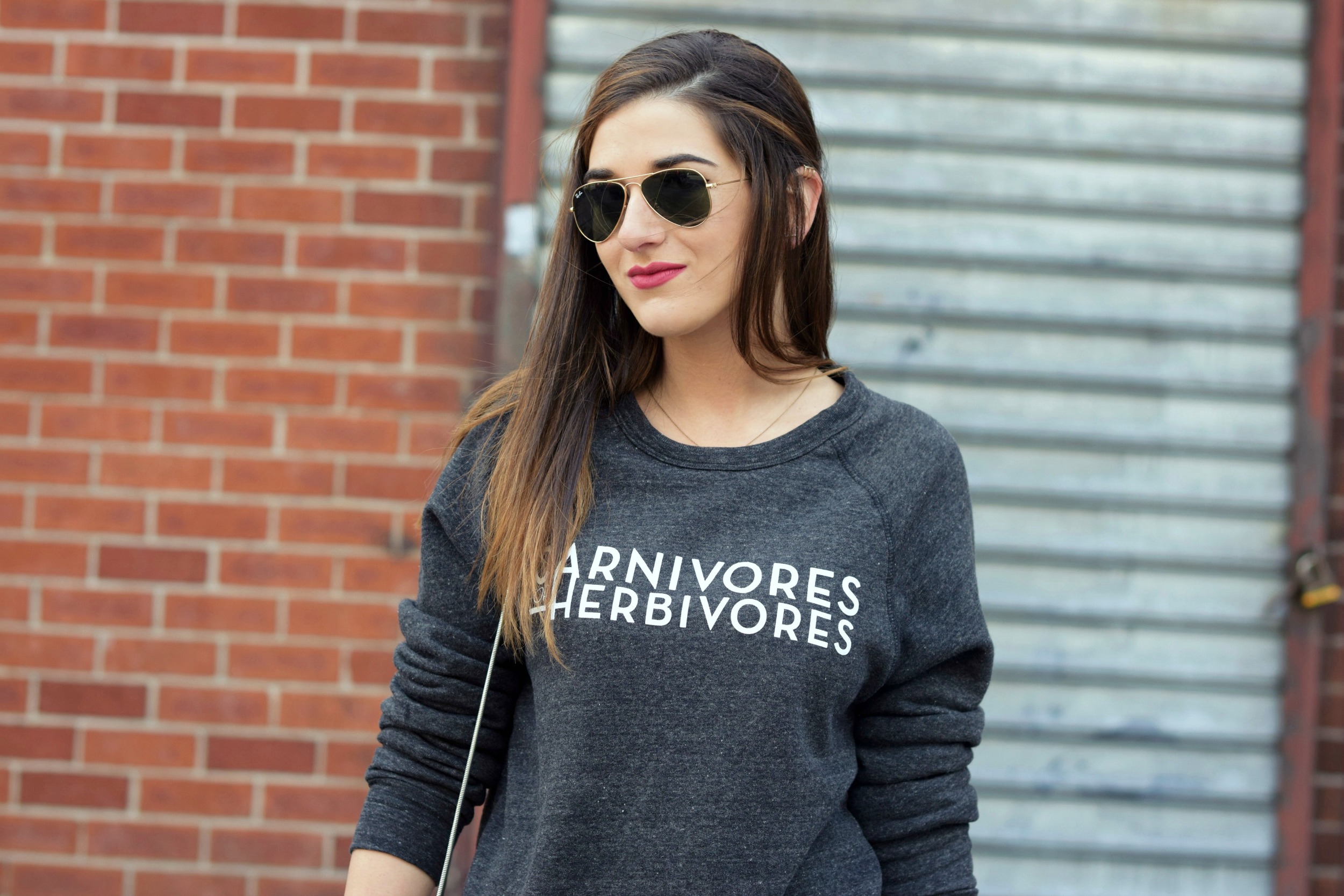 Carnivores For Herbivores Fauxgerty Louboutins & Love Fashion Blog Esther Santer NYC Street Style Blogger Animal Lover Cruelty Free Suede Vegan Leather RayBan Aviators Sunglasses Grey Sweatshirt Girl Women Lace Skirt Outfit OOTD Shop USA Outerwear.jpg