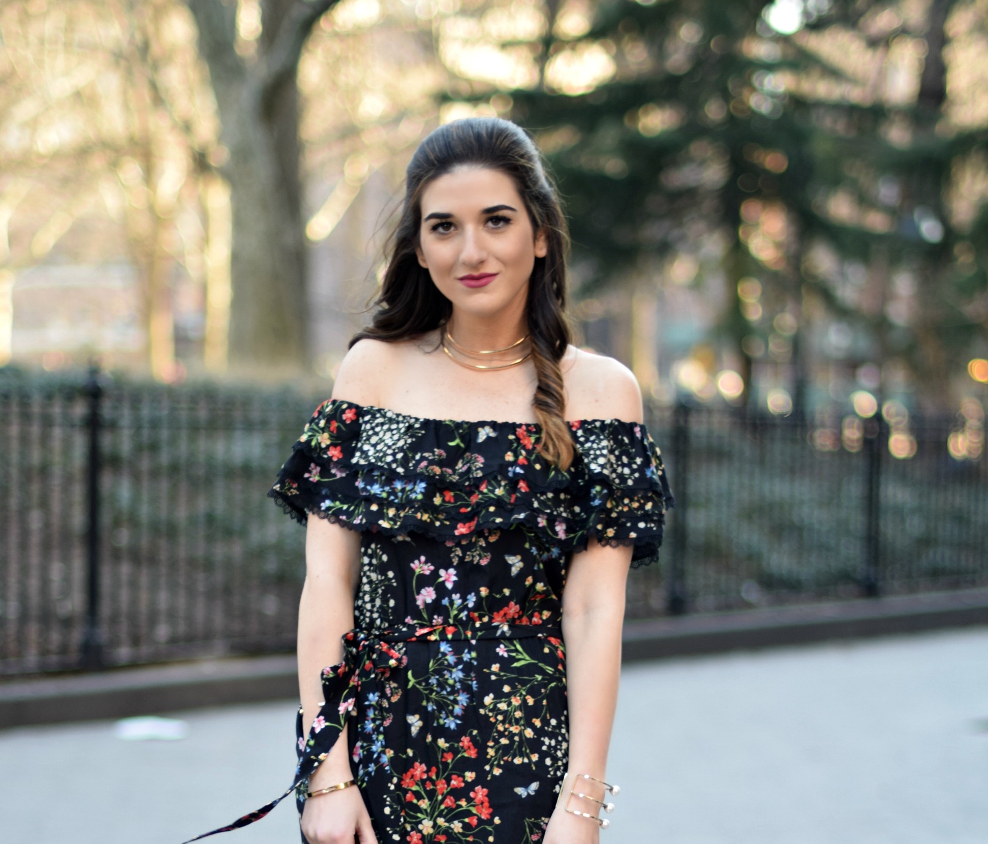 Alice Olivia Floral Dress Louboutins & Love Fashion Blog Esther Santer NYC Street Style Blogger Outfit OOTD Trunk Club Lydell Hair Brunette Model New York City Photoshoot Spring Summer Bracelet Gold Choker Jewelry Pretty Beautiful Inspo Shoulder Shoes.jpg