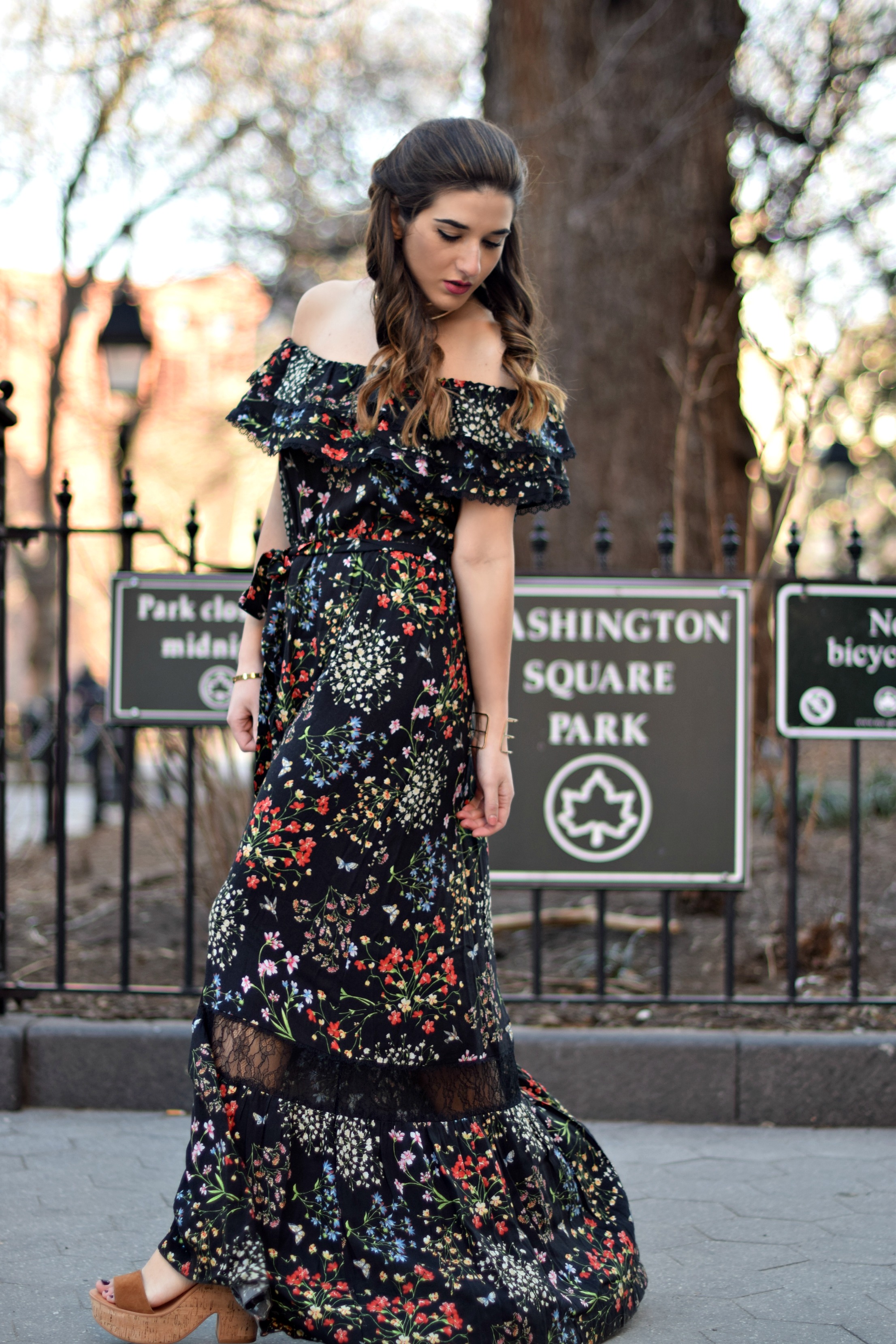 Alice Olivia Floral Dress Louboutins & Love Fashion Blog Esther Santer NYC Street Style Blogger Outfit OOTD Trunk Club Lydell Hair Brunette Model New York City Photoshoot Spring Summer Choker Gold Jewelry Bracelet Beautiful Pretty Shoulder Inspo Shoes.jpg