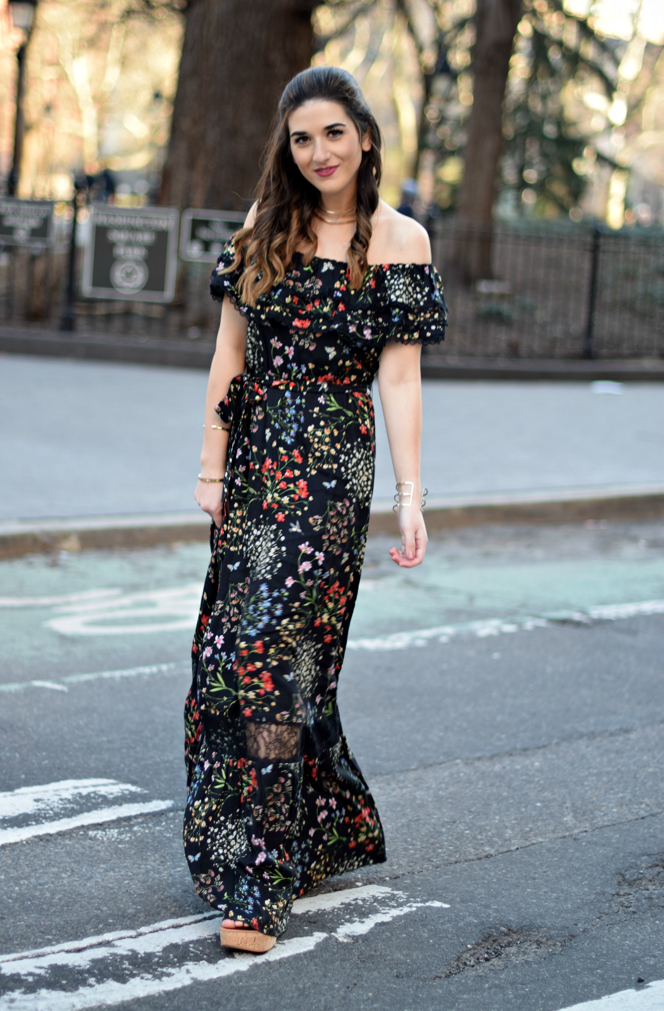 Alice Olivia Floral Dress Louboutins & Love Fashion Blog Esther Santer NYC Street Style Blogger Outfit OOTD Trunk Club Lydell Hair Brunette Model New York City Photoshoot Spring Summer Choker Gold Jewelry Bracelet Pretty Beautiful Inspo Shoulder Shoes.jpg