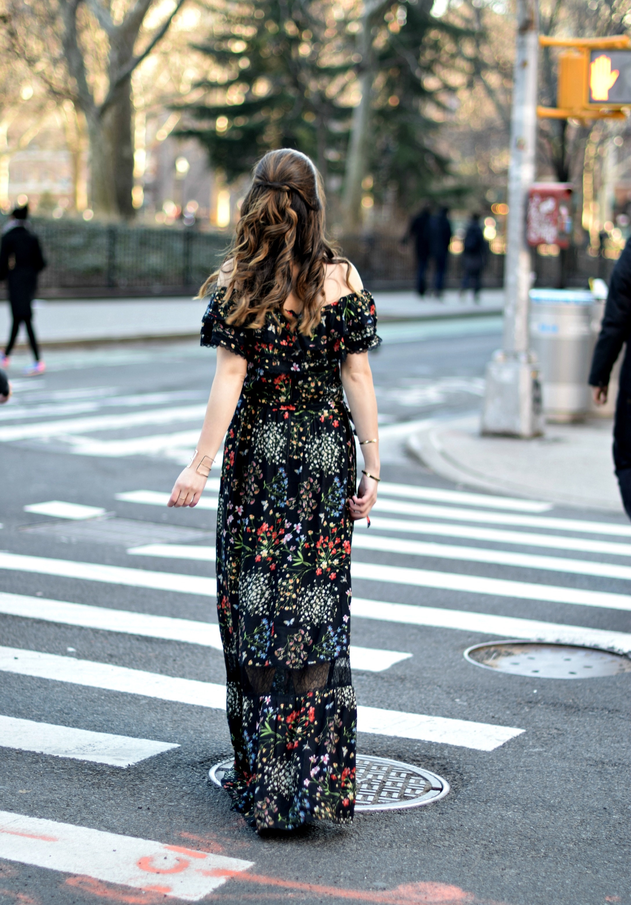 Alice Olivia Floral Dress Louboutins & Love Fashion Blog Esther Santer NYC Street Style Blogger Outfit OOTD Trunk Club Lydell Hair Brunette Model New York City Photoshoot Spring Summer Bracelet Gold Choker Jewelry Beautiful Pretty Shoulder Shoes Inspo.jpg