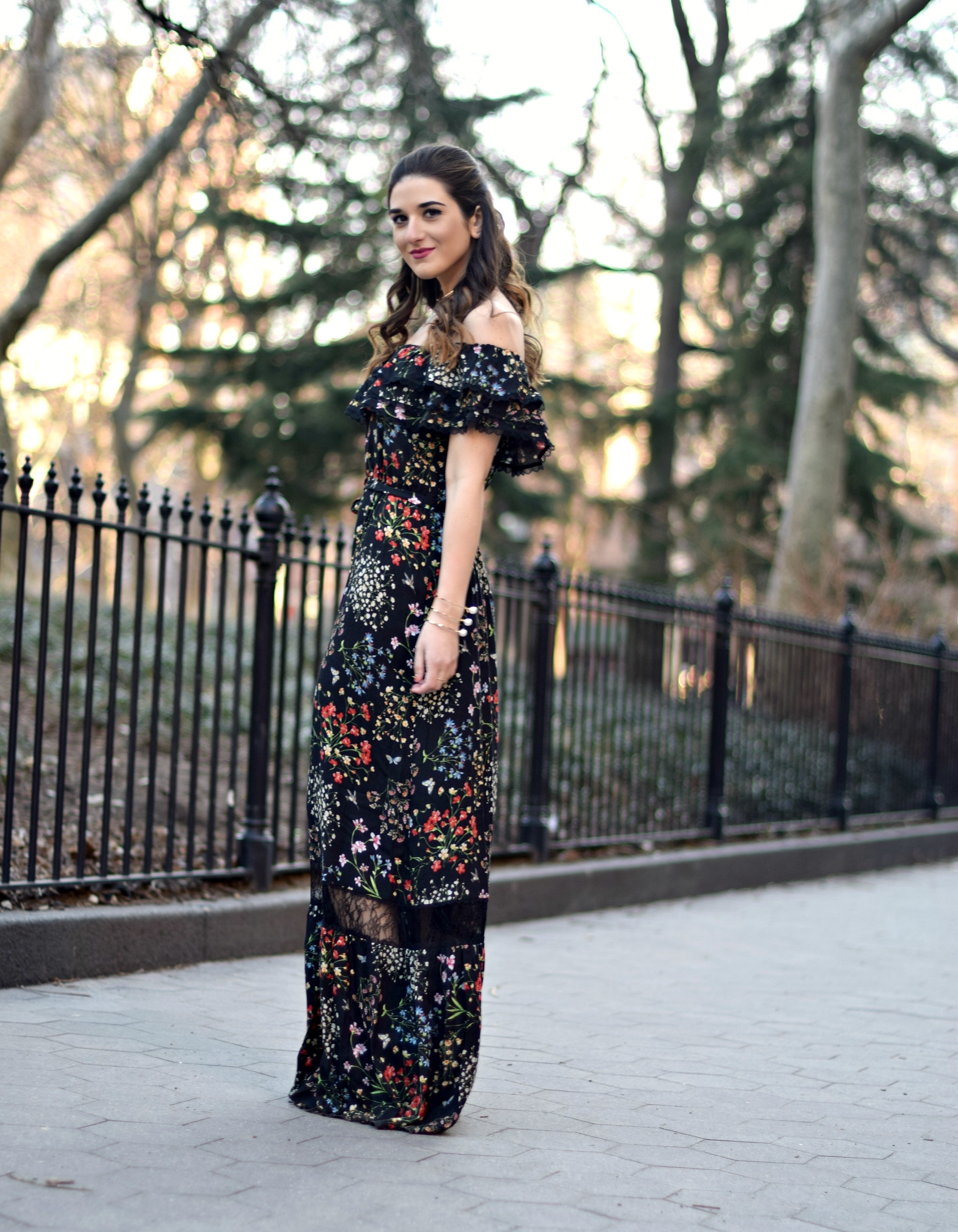 Alice Olivia Floral Dress Louboutins & Love Fashion Blog Esther Santer NYC Street Style Blogger Outfit OOTD Trunk Club Lydell Hair Brunette Model New York City Photoshoot Spring Summer Bracelet Gold Choker Jewelry Pretty Beautiful Shoulder Shoes Inspo.jpg