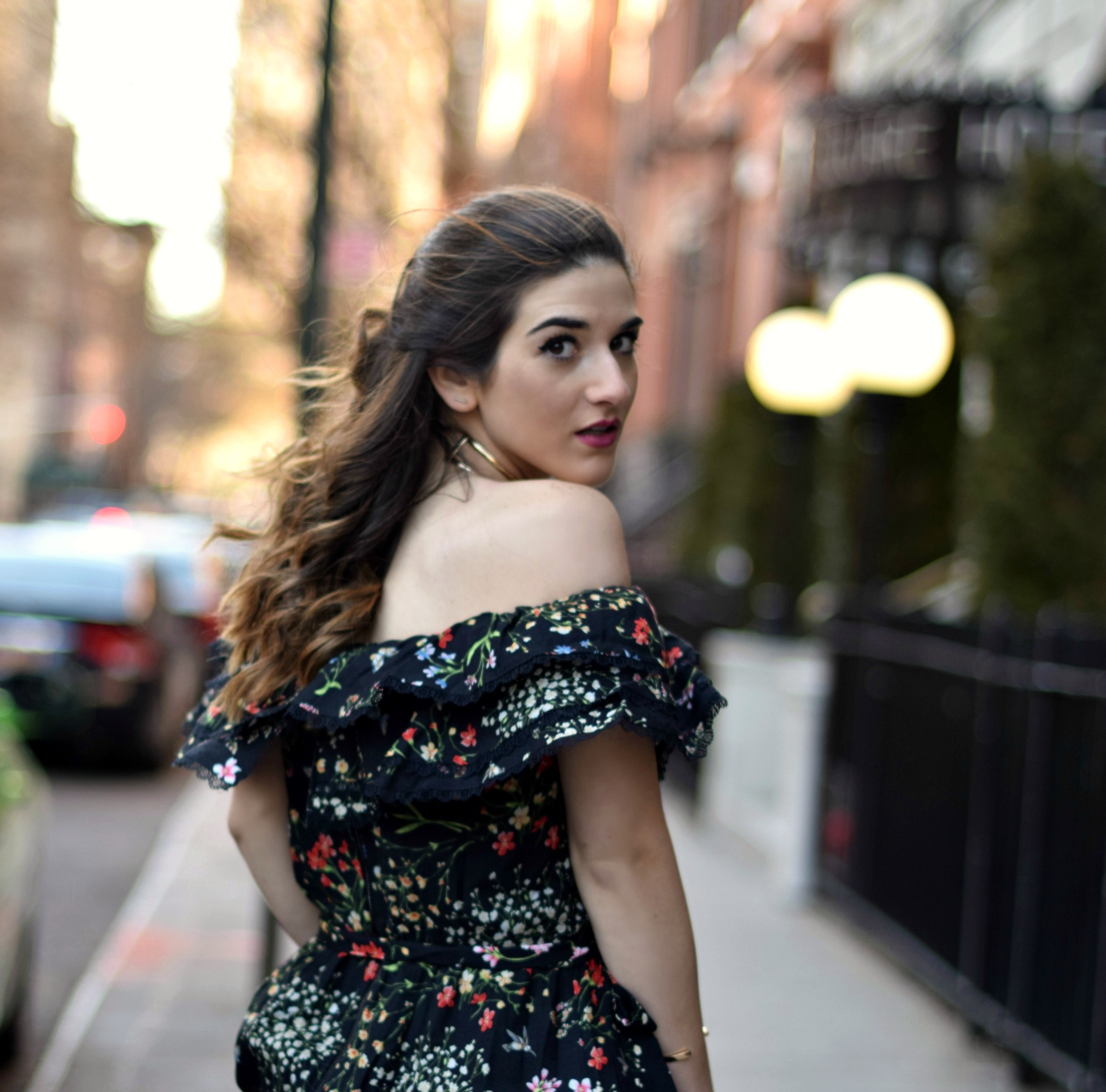 Alice Olivia Floral Dress Louboutins & Love Fashion Blog Esther Santer NYC Street Style Blogger Outfit OOTD Trunk Club Lydell Hair Brunette Model New York City Photoshoot Spring Summer Choker Gold Bracelet Jewelry Pretty Beautiful Inspo Shoulder Shoes.jpg