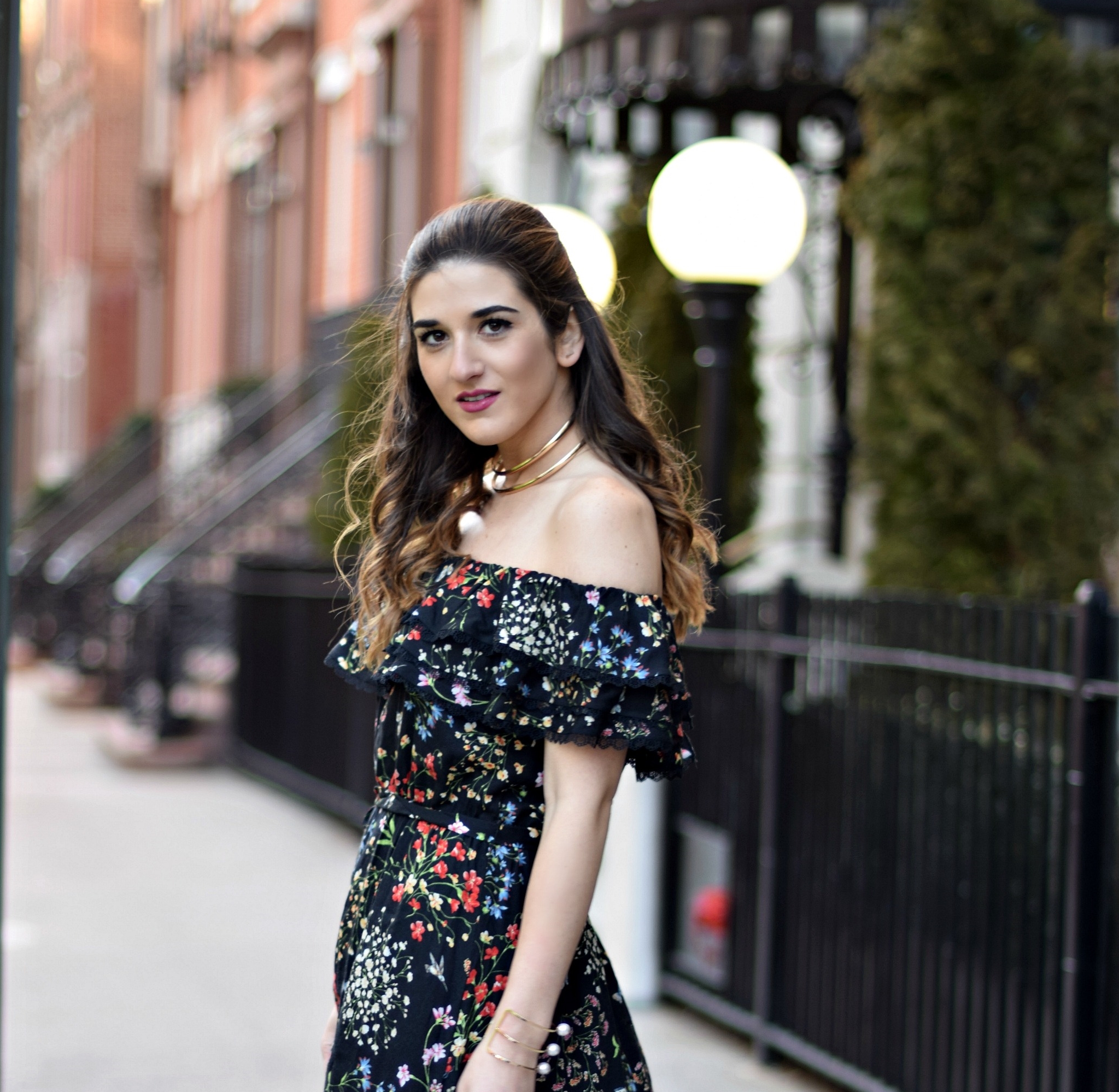 Alice Olivia Floral Dress Louboutins & Love Fashion Blog Esther Santer NYC Street Style Blogger Outfit OOTD Trunk Club Lydell Hair Brunette Model New York City Photoshoot Spring Summer Choker Bracelet Gold Jewelry Pretty Beautiful Inspo Shoulder Shoes.jpg