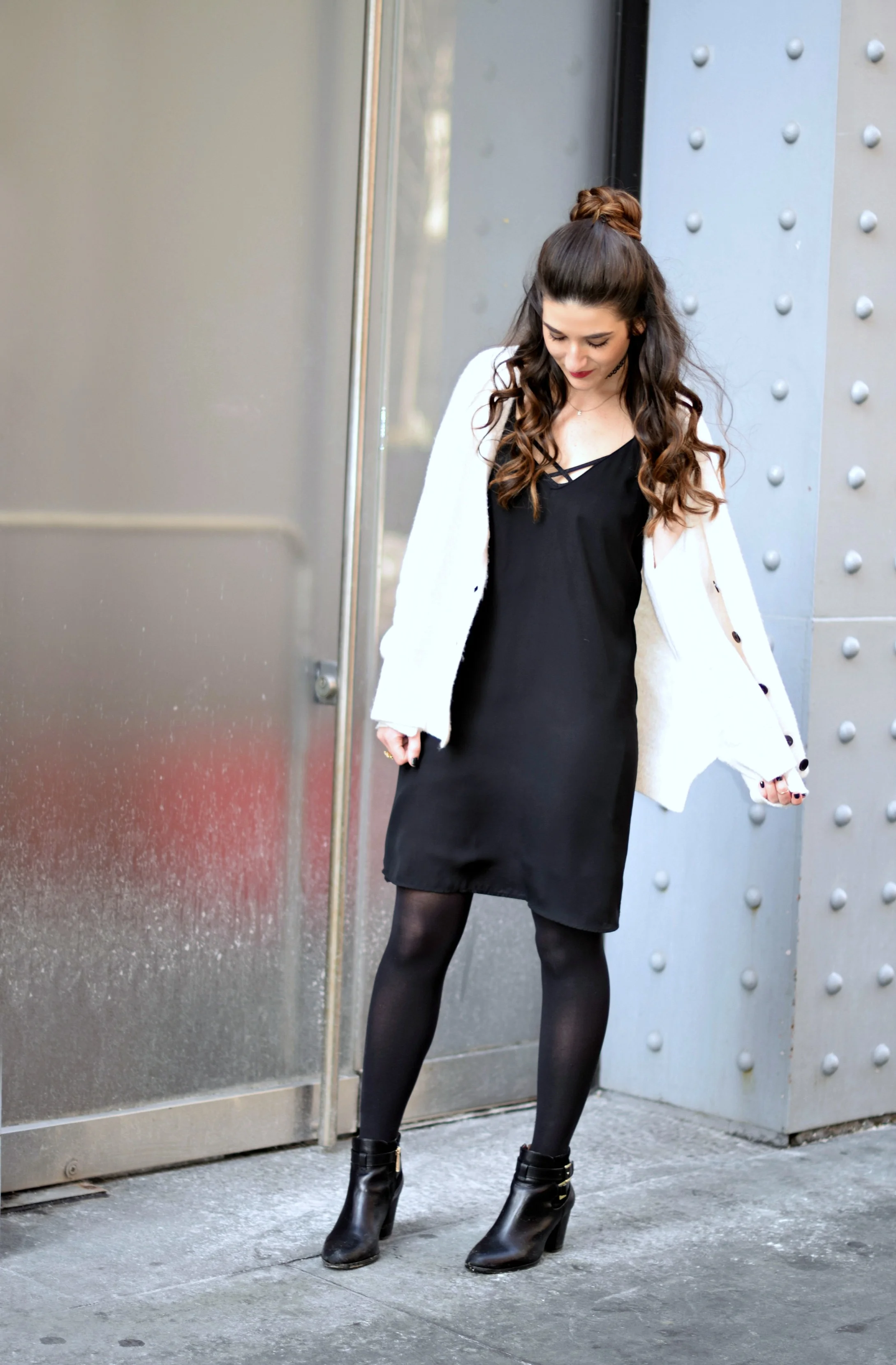 black dress with white sweater