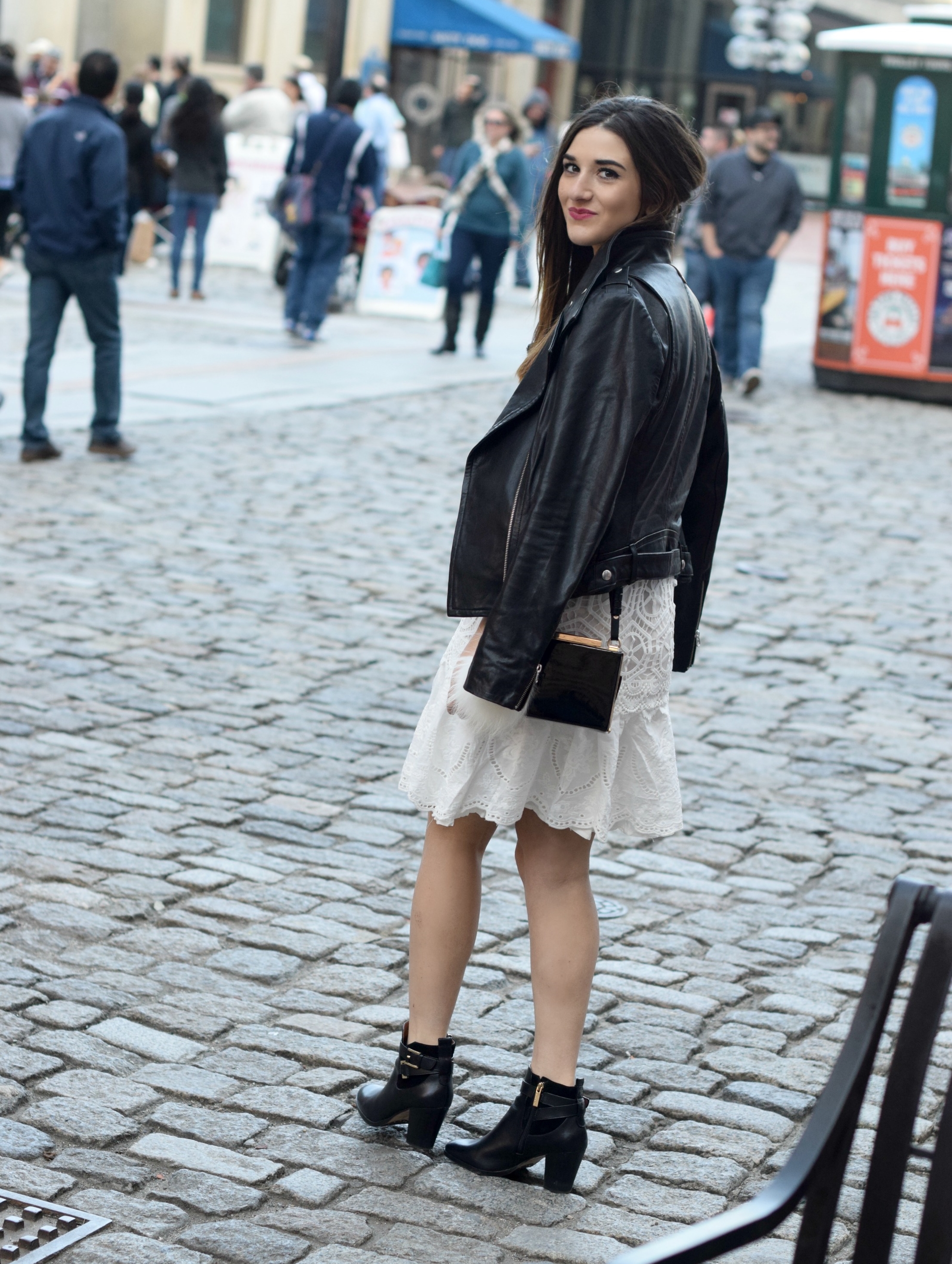 Desigual White Lace Dress Mackage Moto Jacket Louboutins & Love Fashion Blog Esther Santer NYC Street Style Blogger Outfit OOTD Black Booties Nordstrom Shoes Inspo Photoshoot Boston Leather Bag Pom Pom Model Girl Women Hair Fall Look Beautiful Pretty.jpg