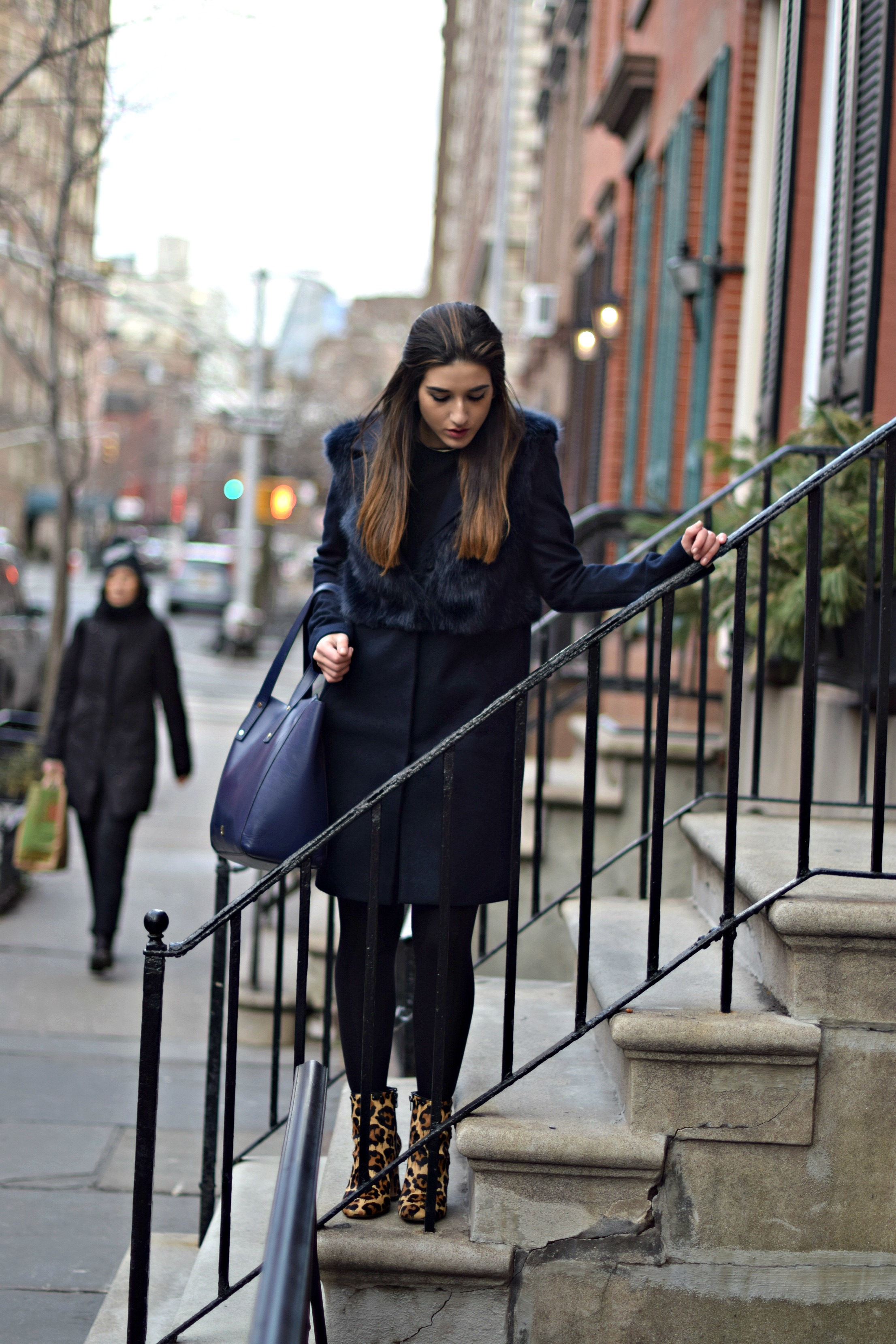 Navy Coat Coach Leopard Booties Louboutins & Love Fashion Blog Esther Santer NYC Street Style Blogger Outfit OOTD Fur Topshop Shopping Girl Women Swag Photoshoot Model Beautiful Winter Inspo NYFW Shoes Tights Ivanka Trump Soho Tote Hair City Lifestyle.jpg