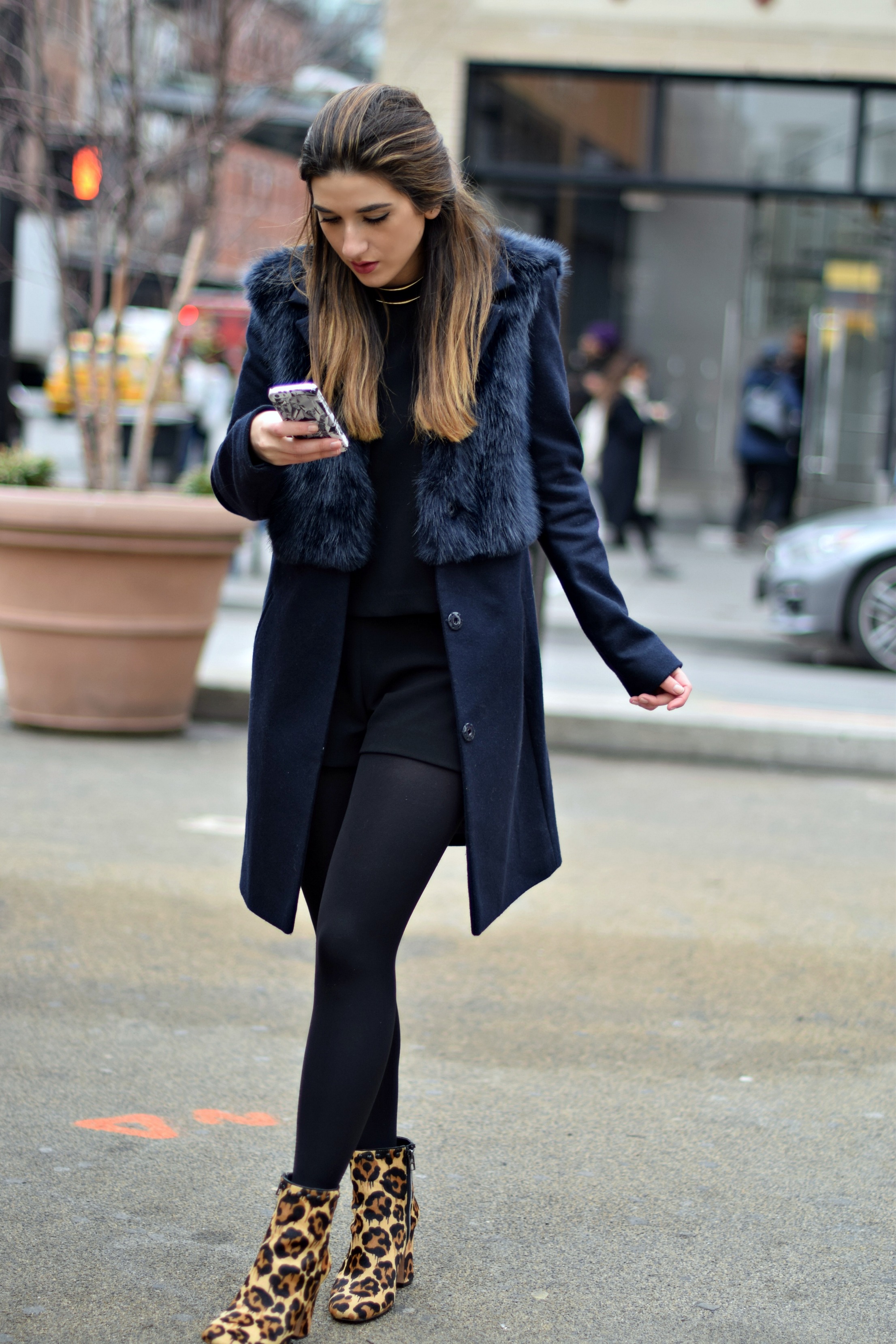 Navy Coat Coach Leopard Booties Louboutins & Love Fashion Blog Esther Santer NYC Street Style Blogger Outfit OOTD Fur Topshop Shopping Girl Women Swag Photoshoot Model Beautiful Winter Look NYFW Tights Ivanka Trump Soho Tote Ombre Hair City Lifestyle.jpg