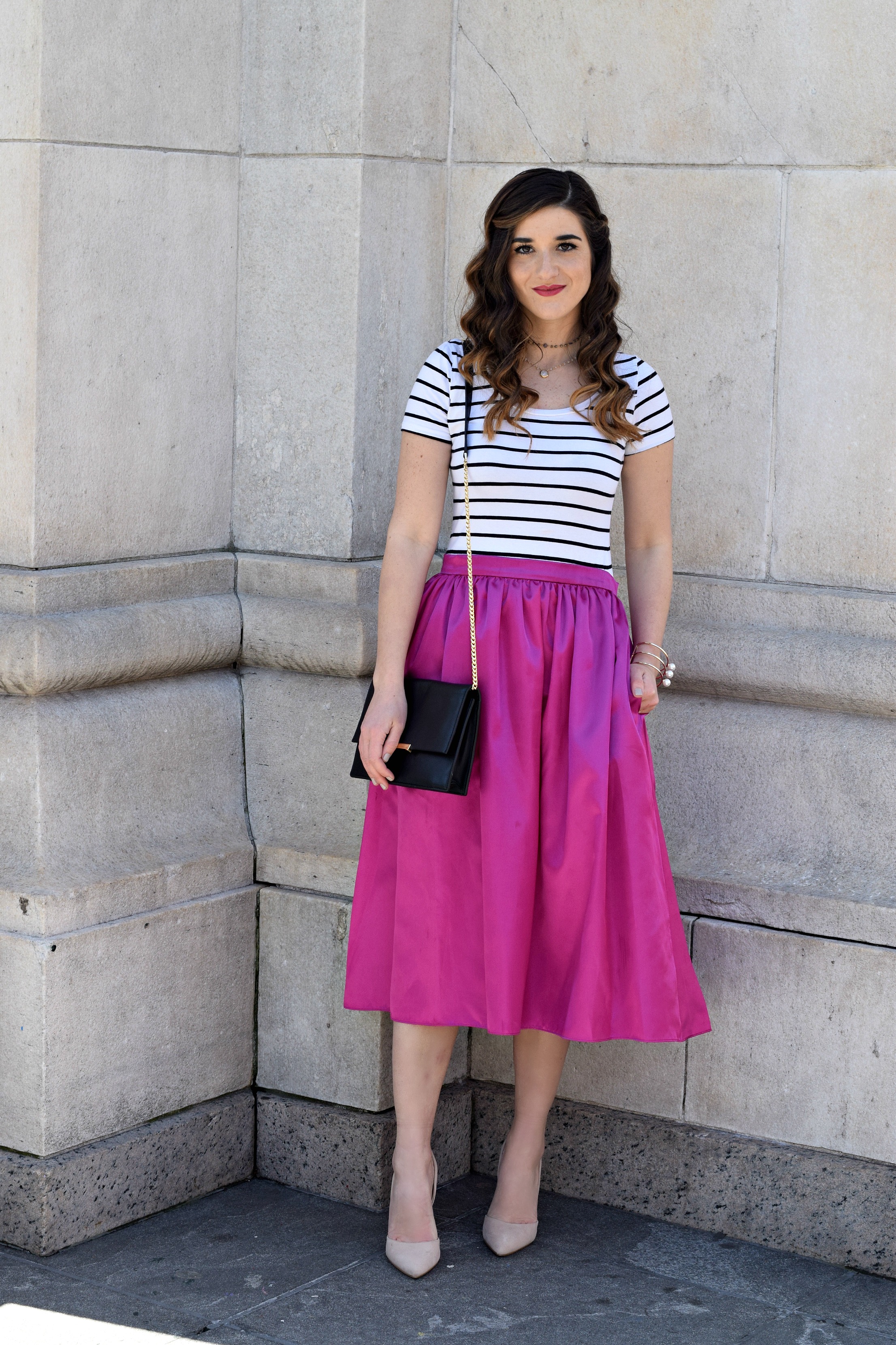 Fuchsia Party Skirt More Than Just Figleaves Louboutins & Love Fashion Blog Esther Santer NYC Street Style Blogger Outfit OOTD Midi Photoshoot Girl Women Striped Tee Ivanka Trump Black Purse Gold Jewelry Bracelet Choker Nude Shoes Heels Steve Madden.jpg