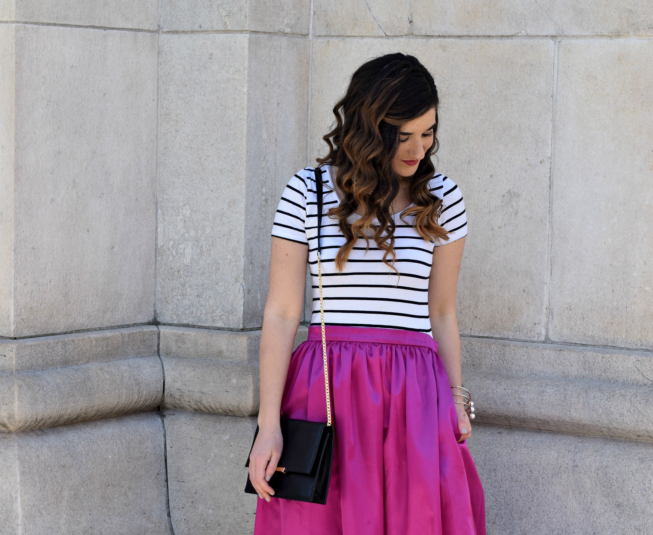 Fuchsia Party Skirt More Than Just Figleaves Louboutins & Love Fashion Blog Esther Santer NYC Street Style Blogger Outfit OOTD Midi Photoshoot Girl Women Striped Tee Ivanka Trump Black Purse Gold Jewelry Choker Bracelet Nude Heels Shoes Steve Madden.jpg