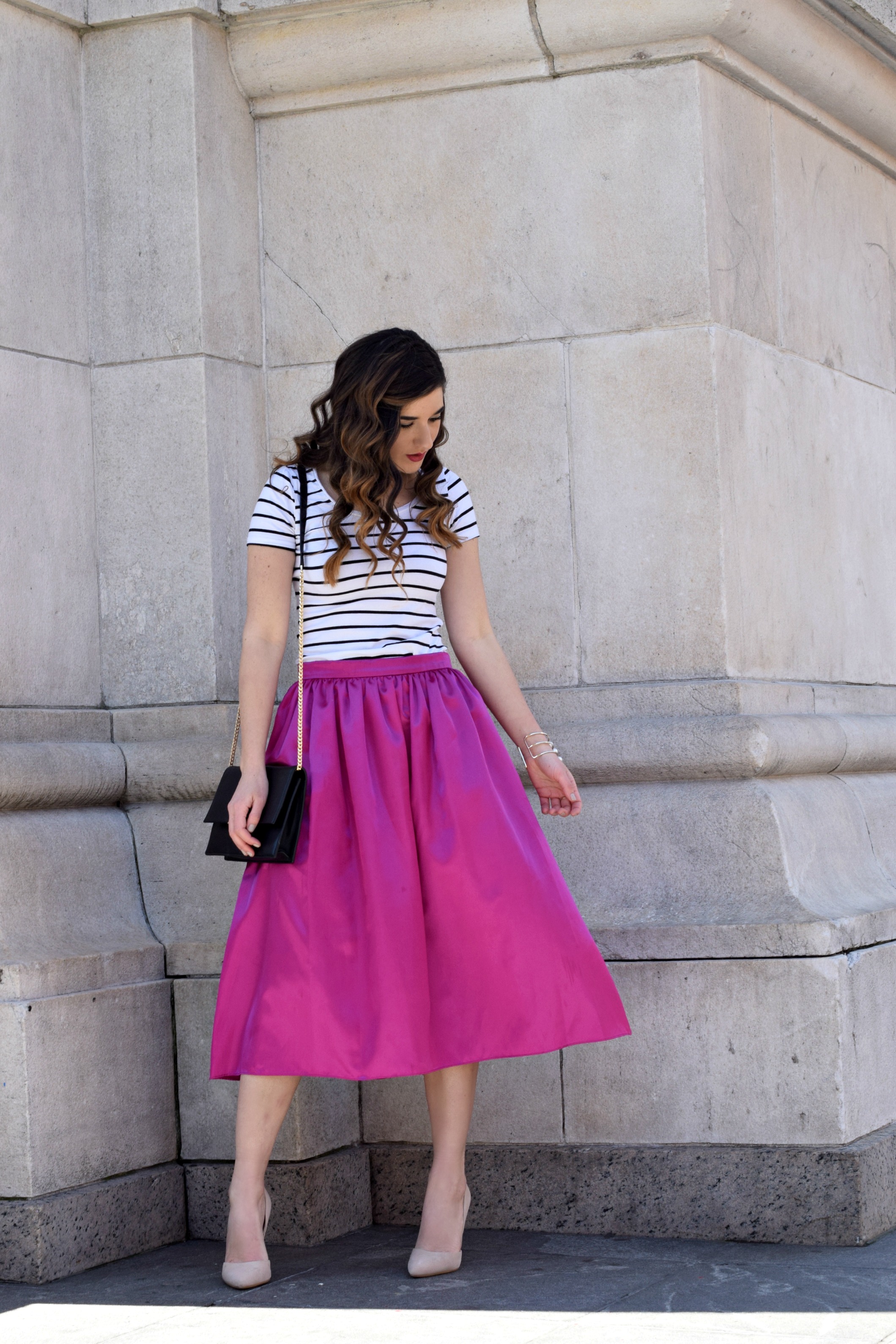 Fuchsia Party Skirt More Than Just Figleaves Louboutins & Love Fashion Blog Esther Santer NYC Street Style Blogger Outfit OOTD Midi Photoshoot Women Girl Striped Tee Ivanka Trump Black Purse Choker Bracelet Gold Jewelry Nude Heels Shoes Steve Madden.jpg