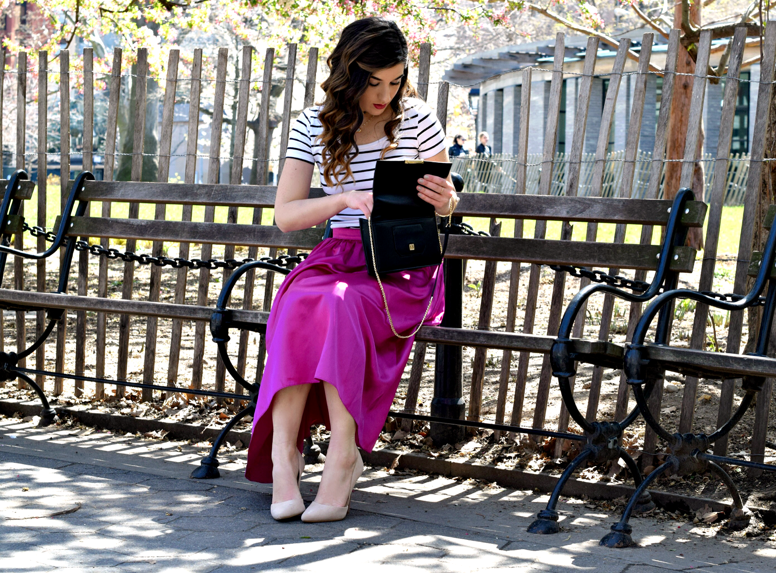 Fuchsia Party Skirt More Than Just Figleaves Louboutins & Love Fashion Blog Esther Santer NYC Street Style Blogger Outfit OOTD Midi Photoshoot Girl Women Striped Tee Ivanka Trump Black Purse Choker Bracelet Gold Jewelry Nude Heels Shoes Steve Madden.jpg