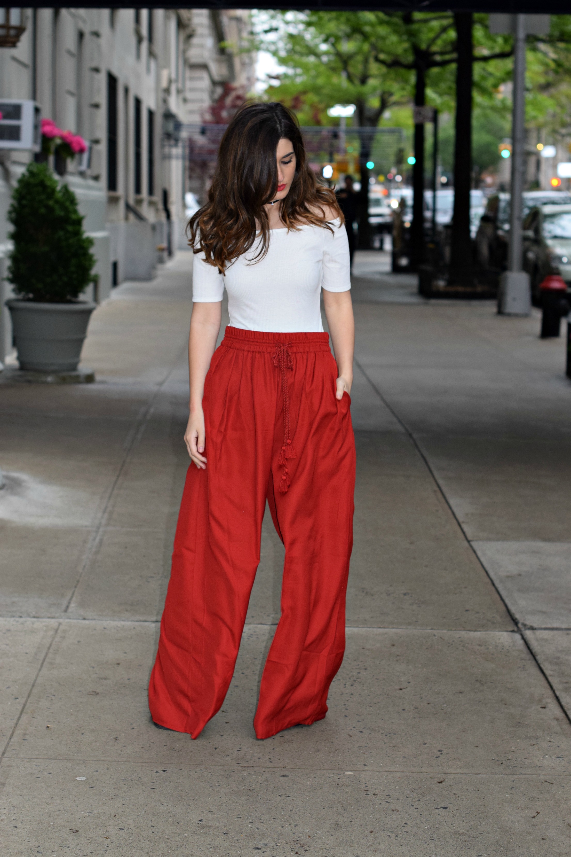 red palazzo pants outfit