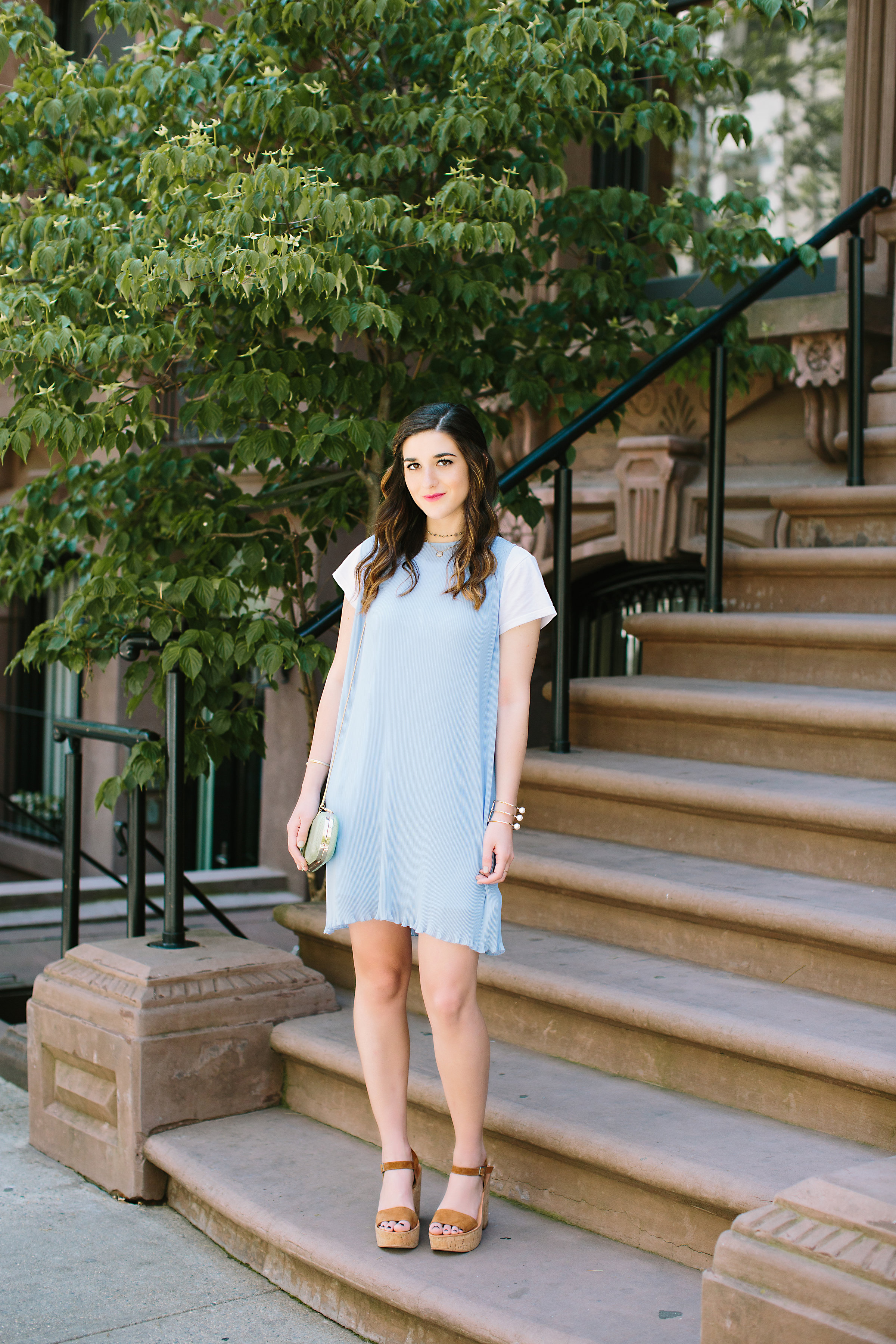 Pastel Blue Pleated Dress Keepsake The Label Louboutins & Love Fashion Blog Esther Santer NYC Street Style Blogger Outfit OOTD Pretty Photoshoot Upper East Side Dolce Vita Wedges Club Monaco Clutch Gold Jewelry Women White Tee Shirt Inspo Summer Look.jpg